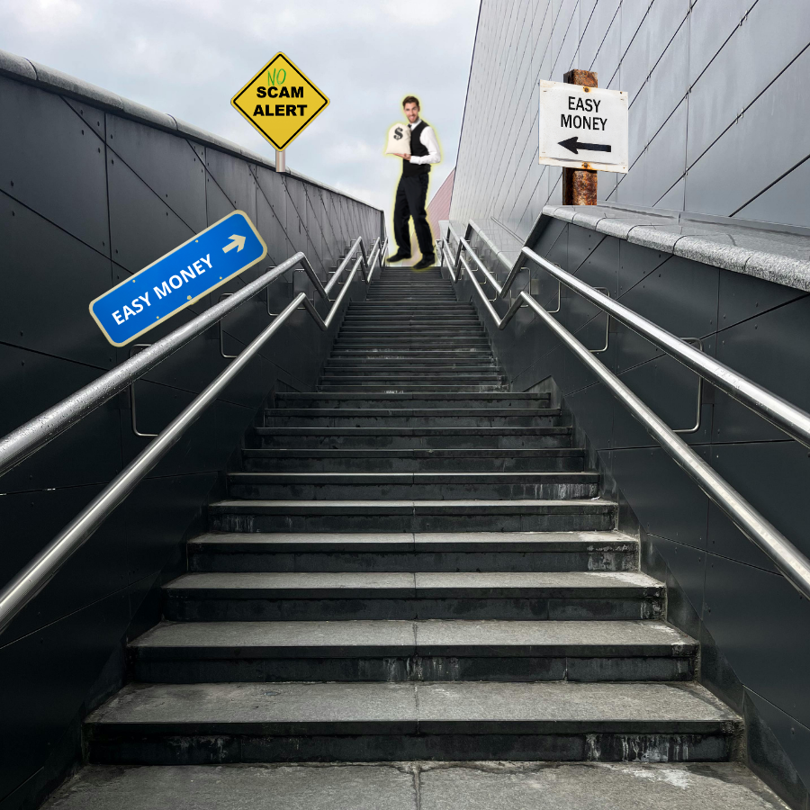 Stairway leading toward easy money signs, a scam alert and a promoter holding a money bag, illustrating get-rich-quick business risks.