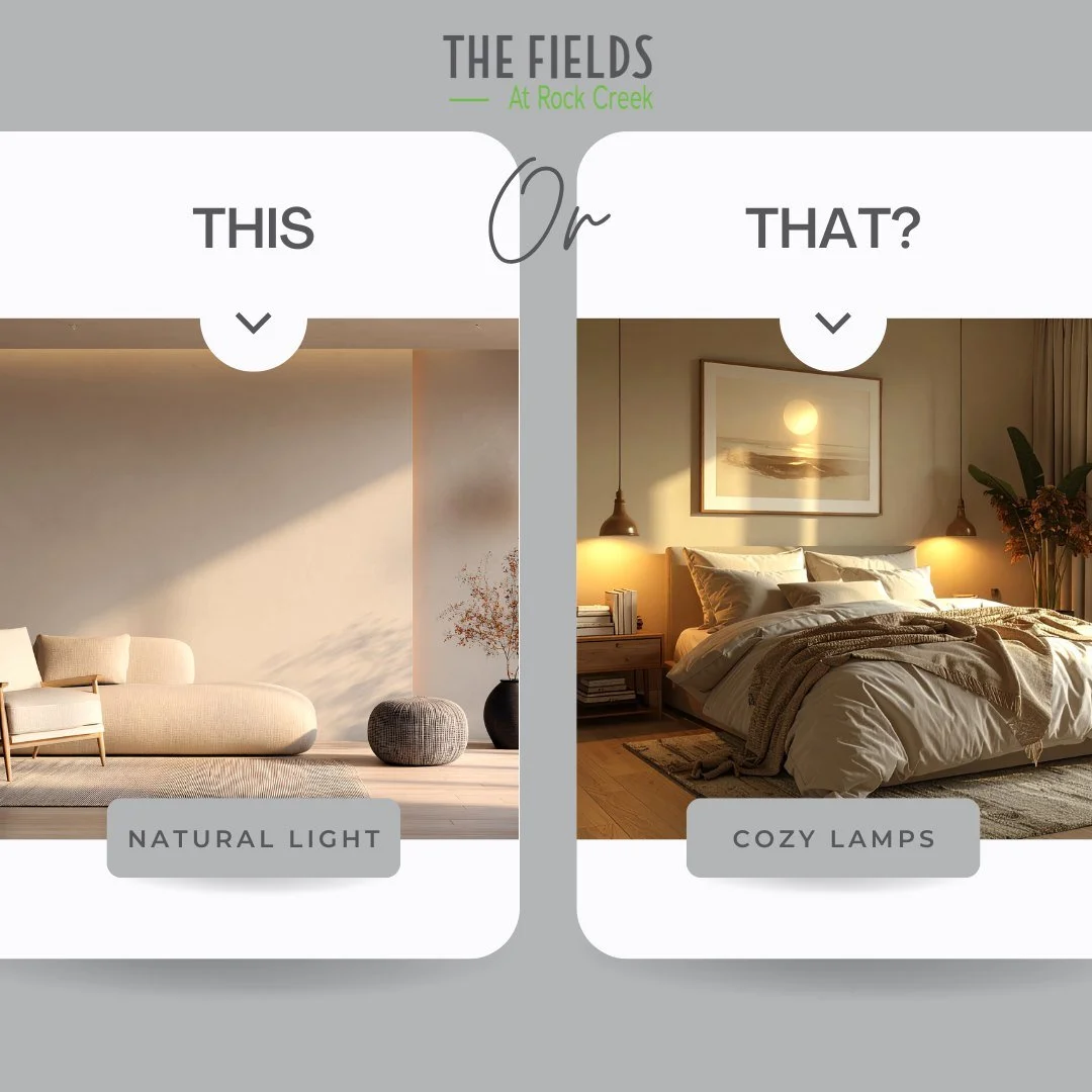 It&rsquo;s time for another This or That: Fields at Rock Creek Edition!
Team Cozy Lamp Glow 💡 or Team Natural Light Flow ☀️?
Drop your answer below. Your lighting style might just say more about you than you think! 👀

#naturallight #lamps #fieldsro