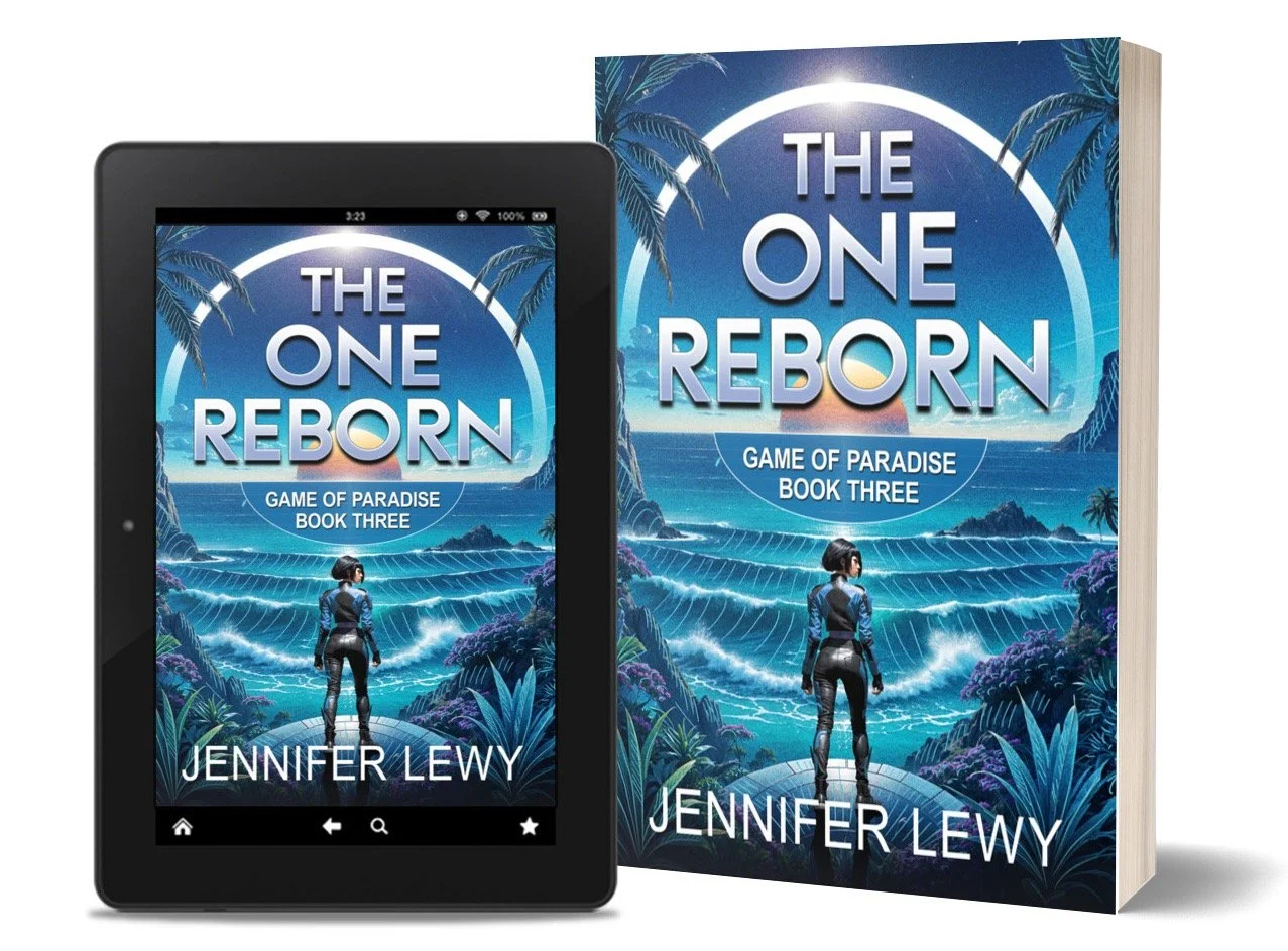 Cover art for the book titled 'The One Reborn' by Jennifer Lewy, featuring a digital illustration of a woman standing on a path in a lush tropical landscape, facing a vibrant ocean scene under a sunset sky, with a large rainbow arching over.