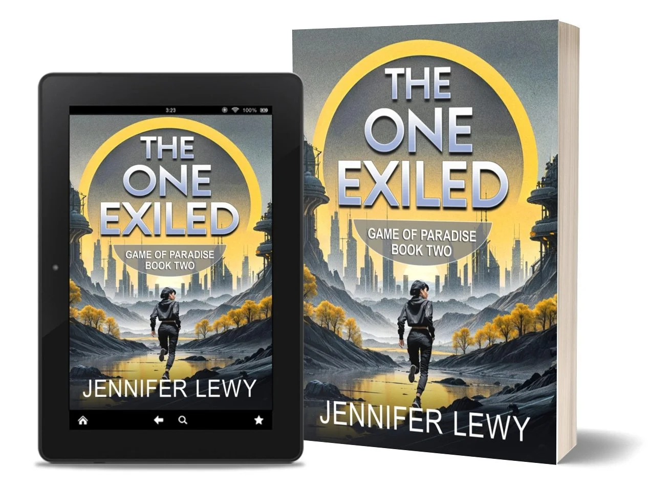 An ebook and a paperback book showing The One Exiled, Book two of the Game of Paradise