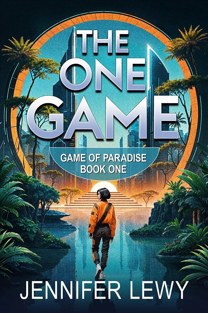 Book cover titled 'The One Game' by Jennifer Lewy, featuring a futuristic setting with a person facing a landscape plants and a city. Text reads 'Game of Paradise Book One'
