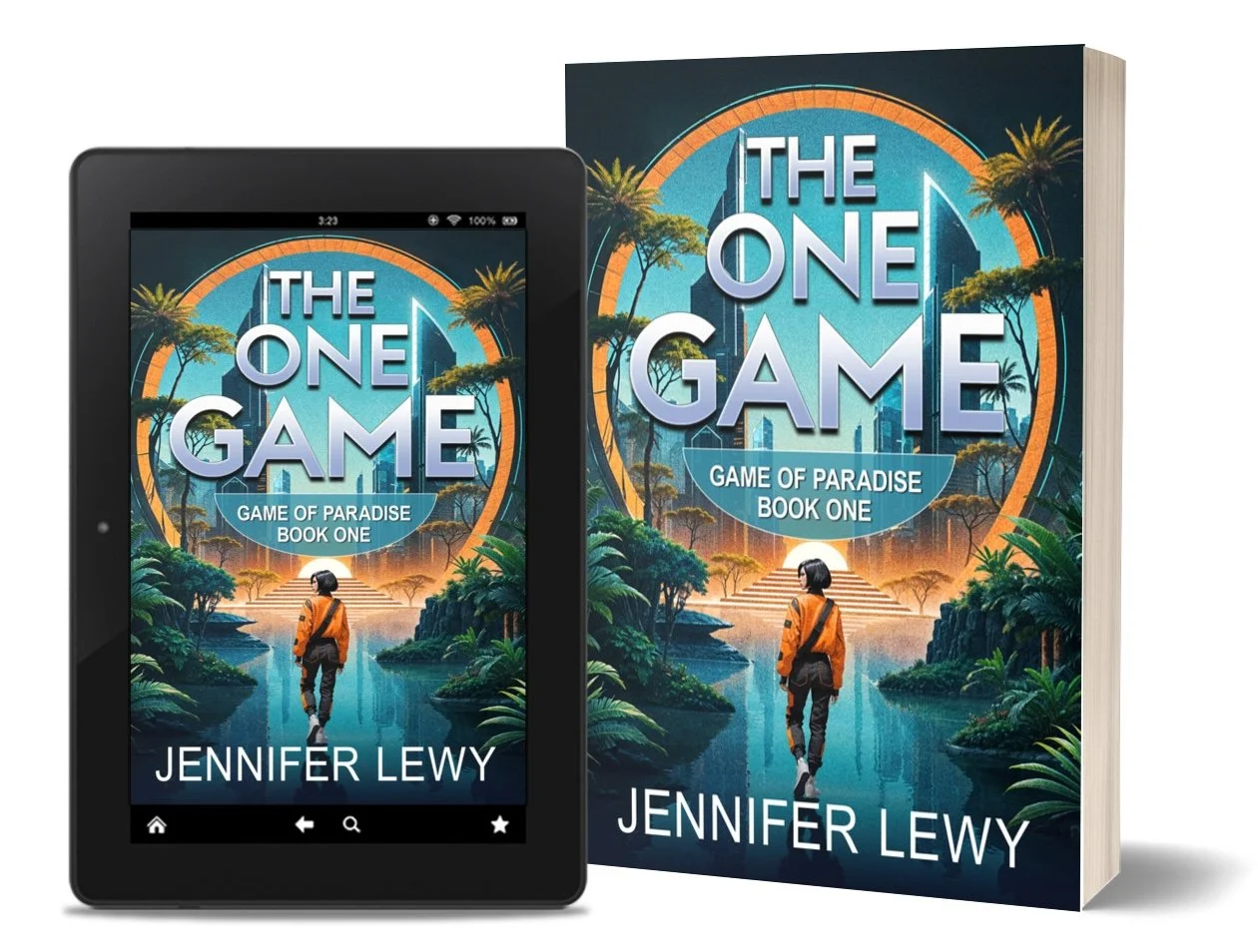 Ebook and paperback versions of The One Game, Book One of the Game of Paradise series, showing a figure in front of a futuristic landscape of trees and a city