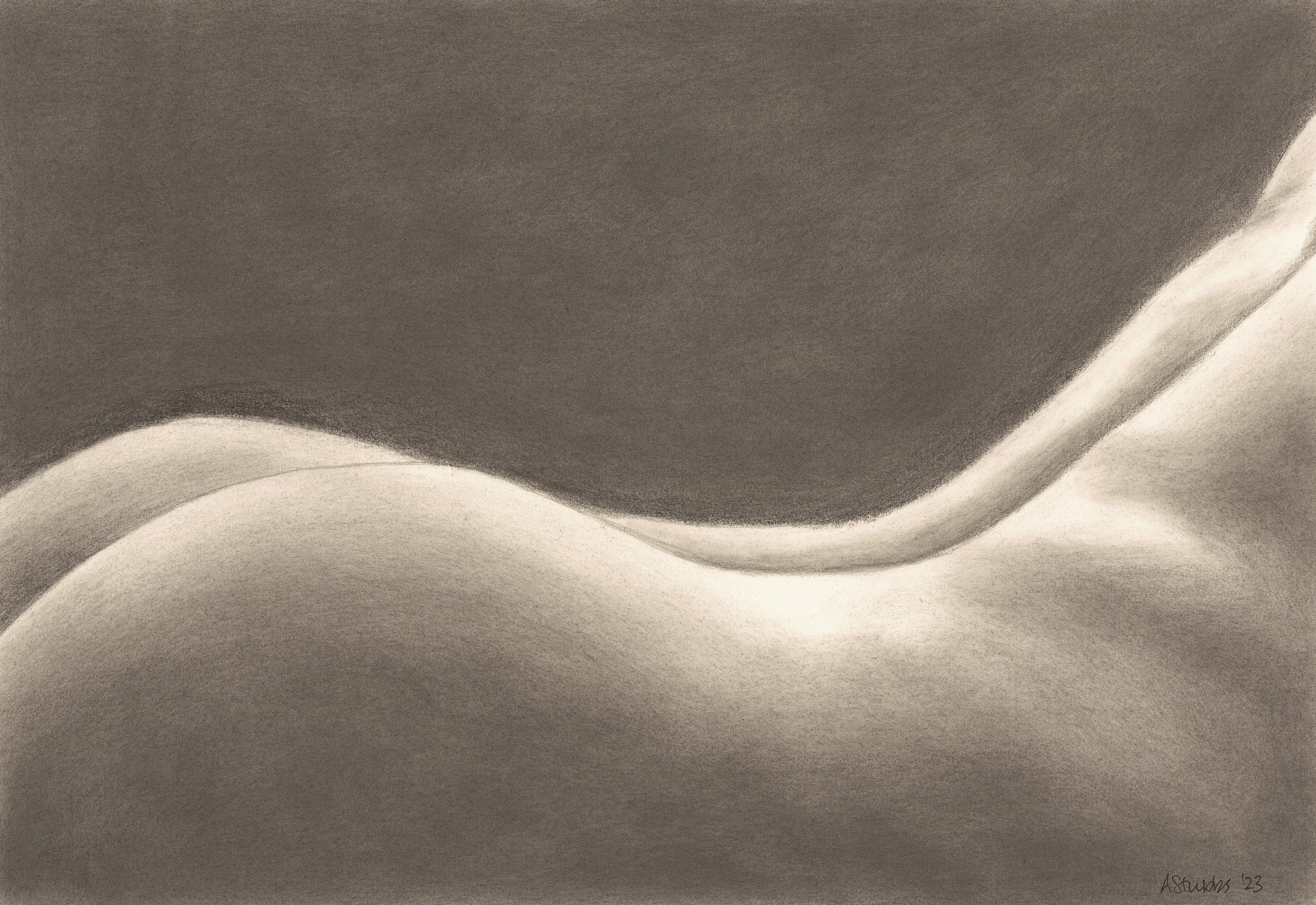 Side profile back and bottom in graphite: Contour Reverie – Graphite Study of the Side Profile of a Human Form by Anna Stubbs.
An intimate graphite rendering with play of light exploring the side profile of the back and bottom by UK Artist Anna St