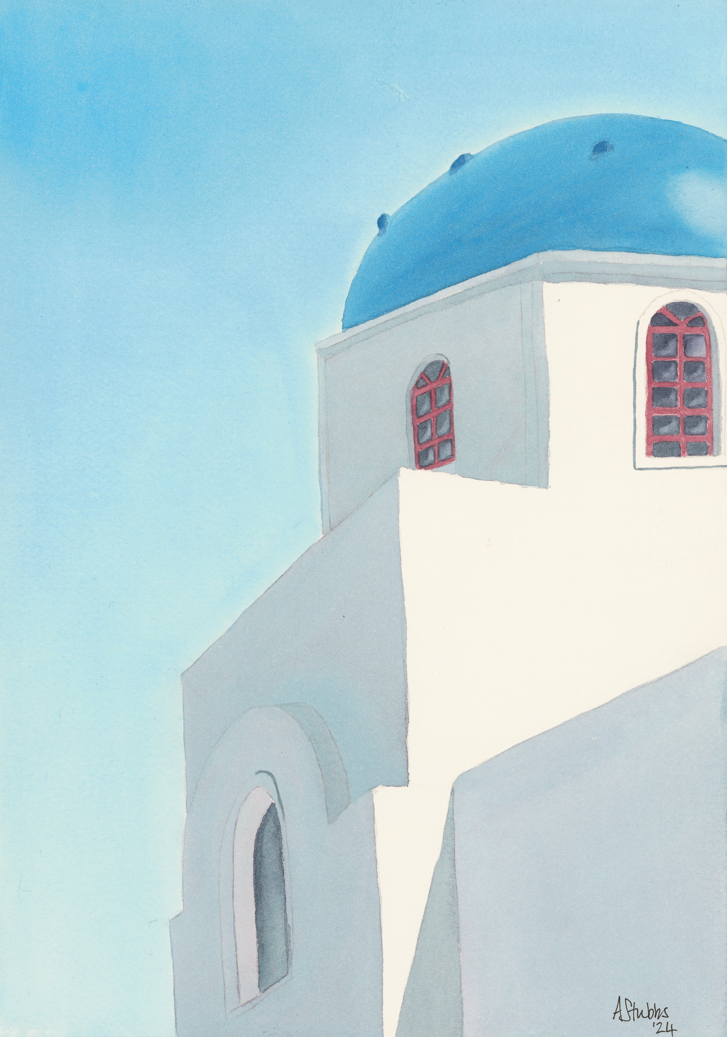 Santorini Blue Dome Watercolour / Green Island Architecture by Anna Stubbs
A serene watercolour painting of Santorini's iconic blue-domed architecture by UK artist Anna Stubbs. This Mediterranean artwork captures the charm of Cycladic design, sunli