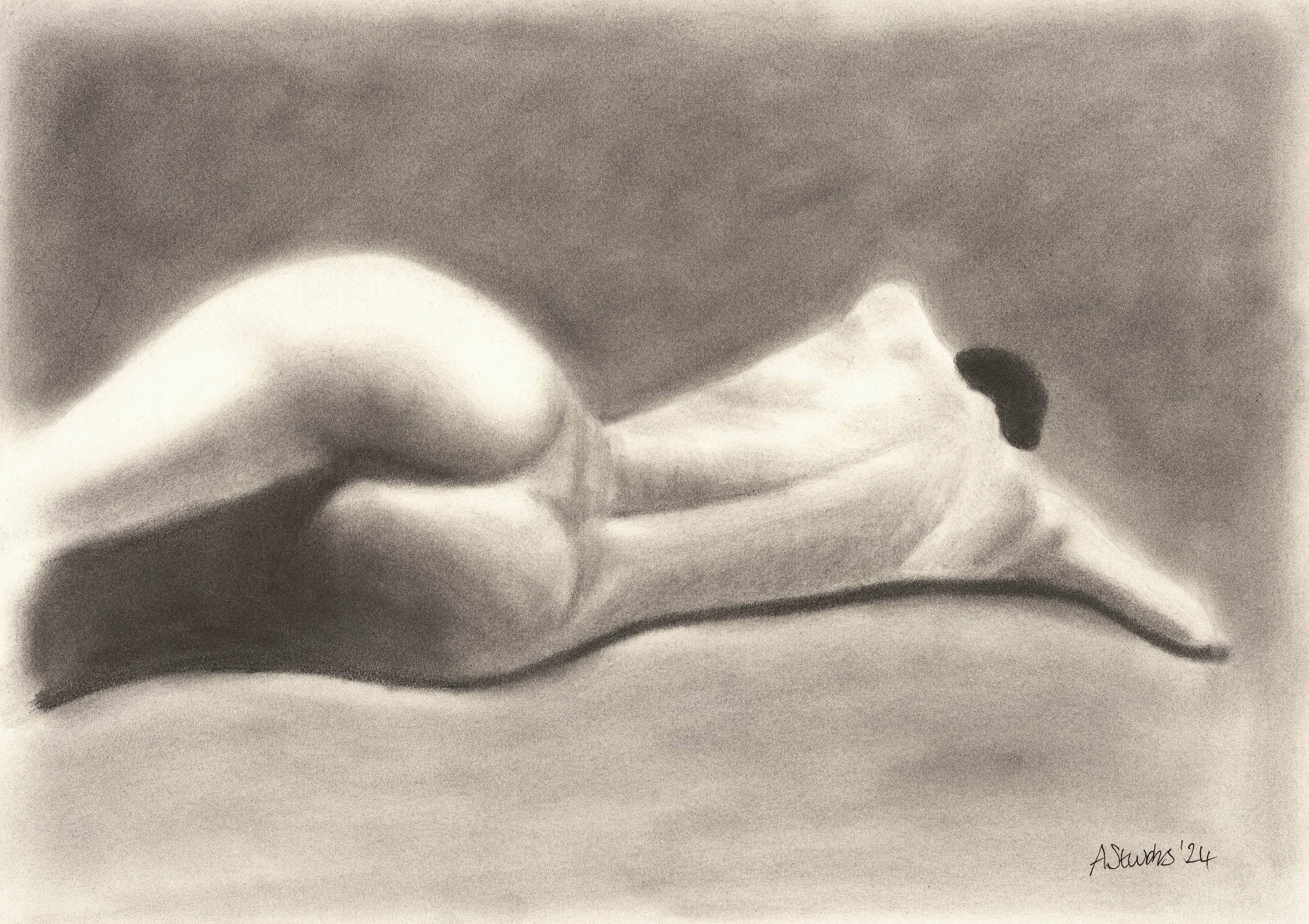 Rest in Line – Reclining Graphite Form / Graphite study by Anna Stubbs.
A reclining figure rendered in graphite, viewed from the back with gentle tension and repose by UK Artist Anna Stubbs. Light glides across the curves with hushed precision as s