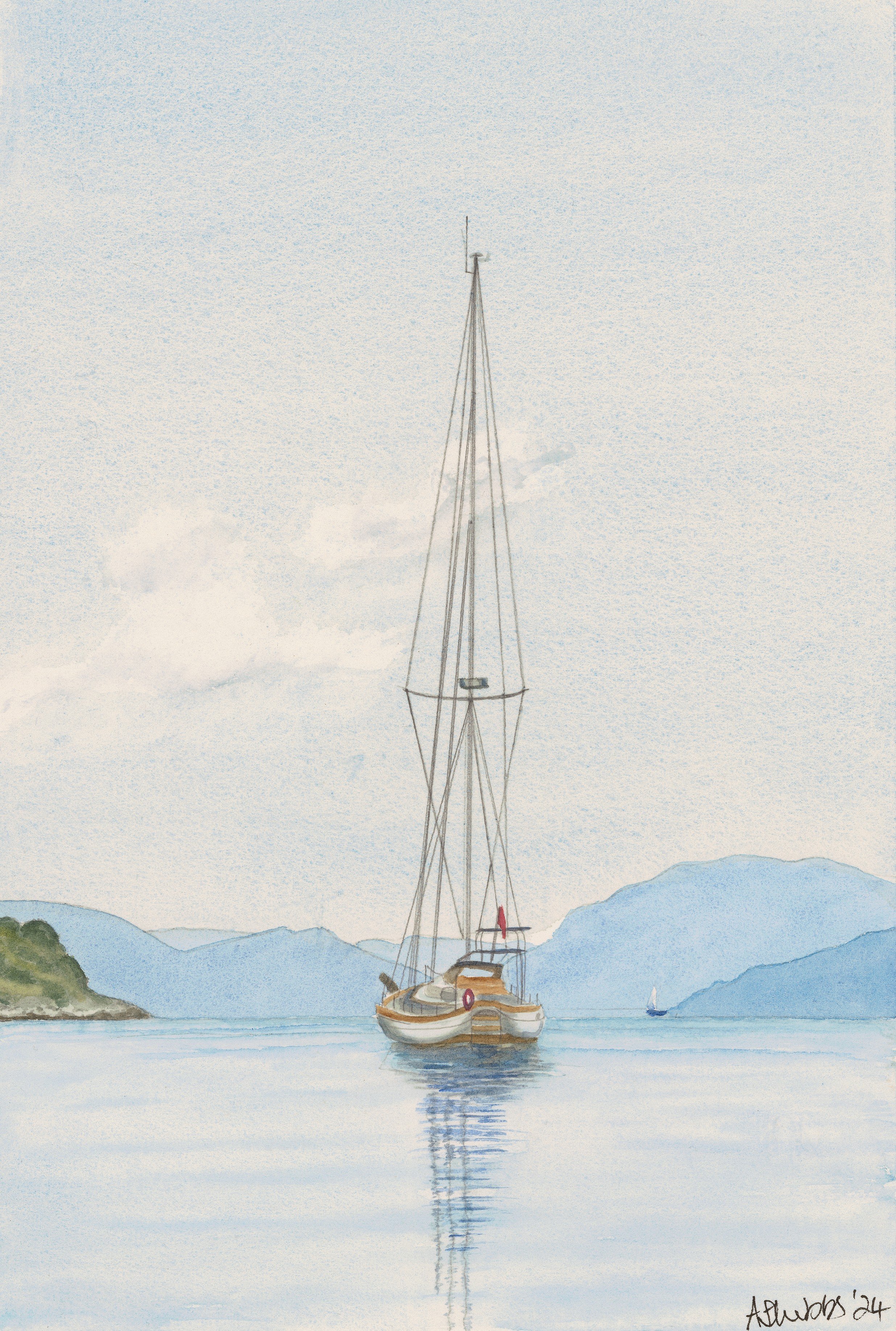 "Nancy" Sailboat in the Mediterranean / Watercolour Seascape by Anna Stubbs
A serene watercolour painting of the sailboat Nancy, named in memory of the owner's mother, drifting peacefully in the Mediterranean Sea. Created by UK artist Anna Stubbs,