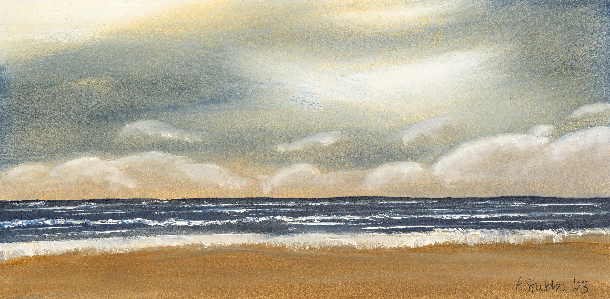 Seascape Oil Painting / Coastal Landscape Art by Anna Stubbs.
An evocative oil painting of a seascape by UK artist Anna Stubbs. With waves breaking on the shore and a sky alive with shifting light. This coastal artwork captures the mood and movement