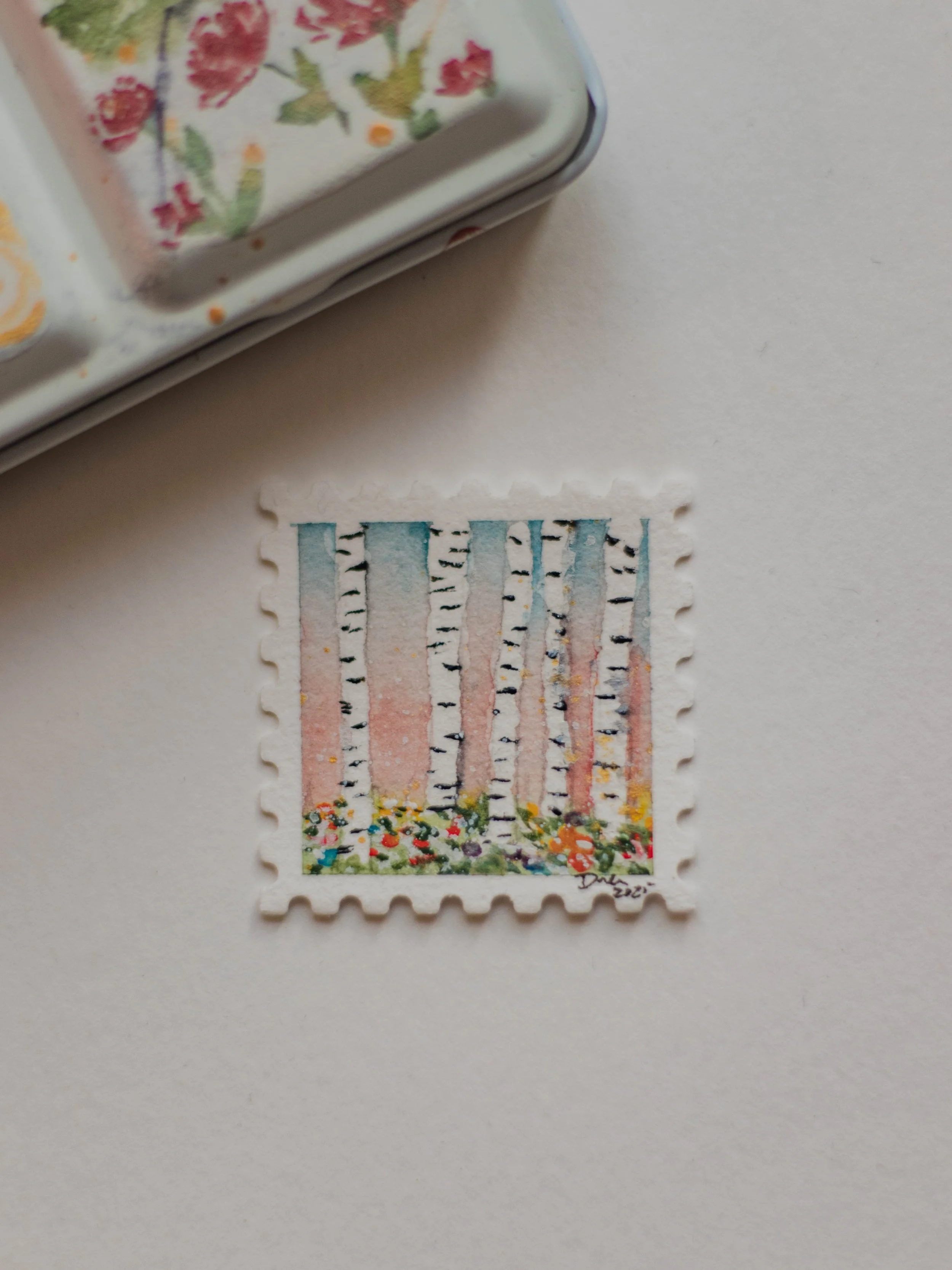 Aspen trees post stamp, 2025. Watercolour on paper.