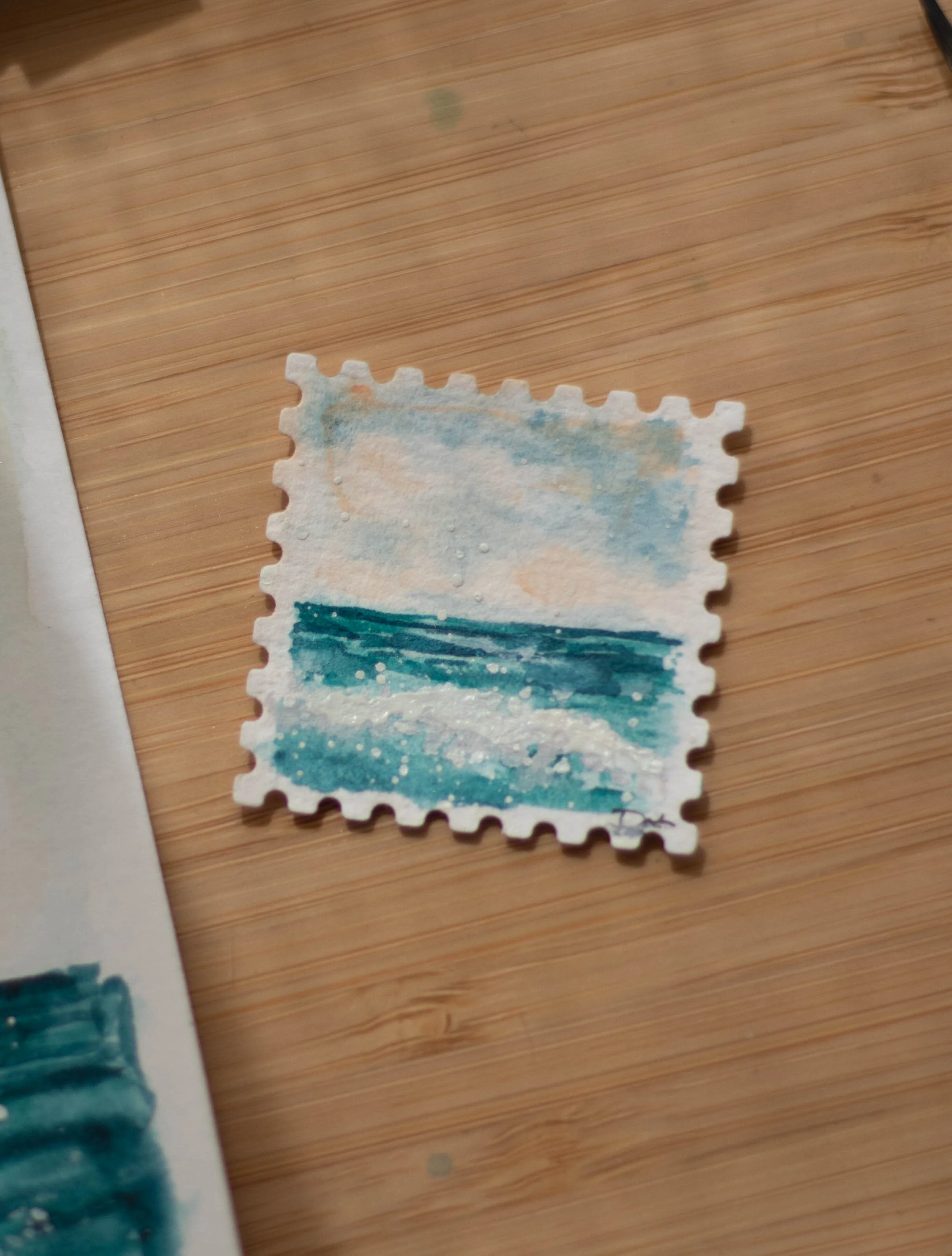 Ocean post stamp, 2025. Watercolour on paper.