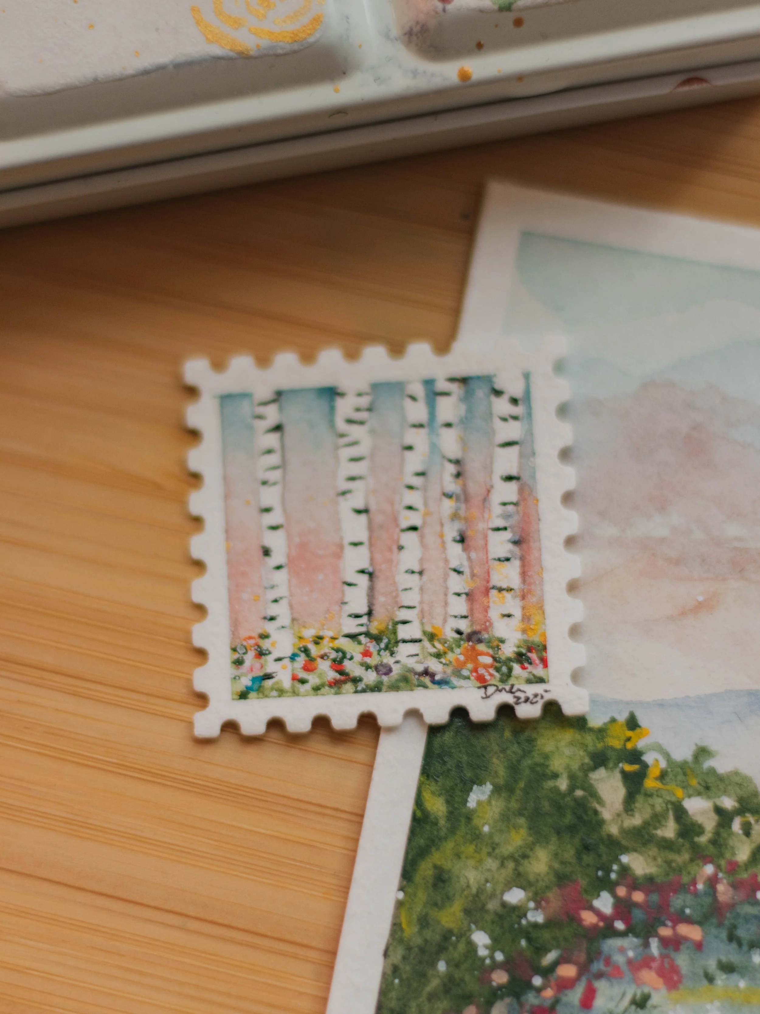 Aspen trees post stamp, 2025. Watercolour on paper.