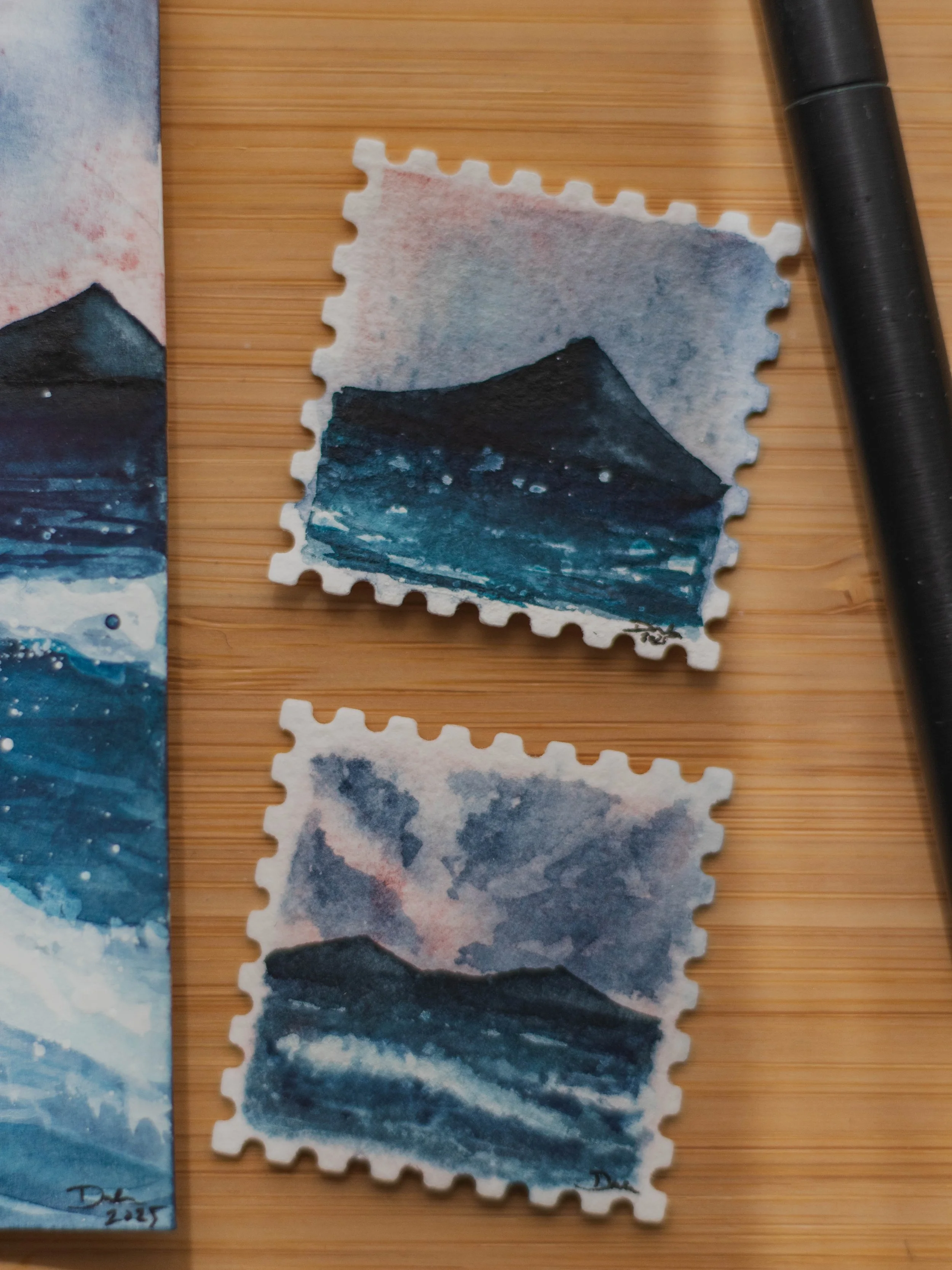Mountain sea post stamps, 2025. Watercolour on paper.
