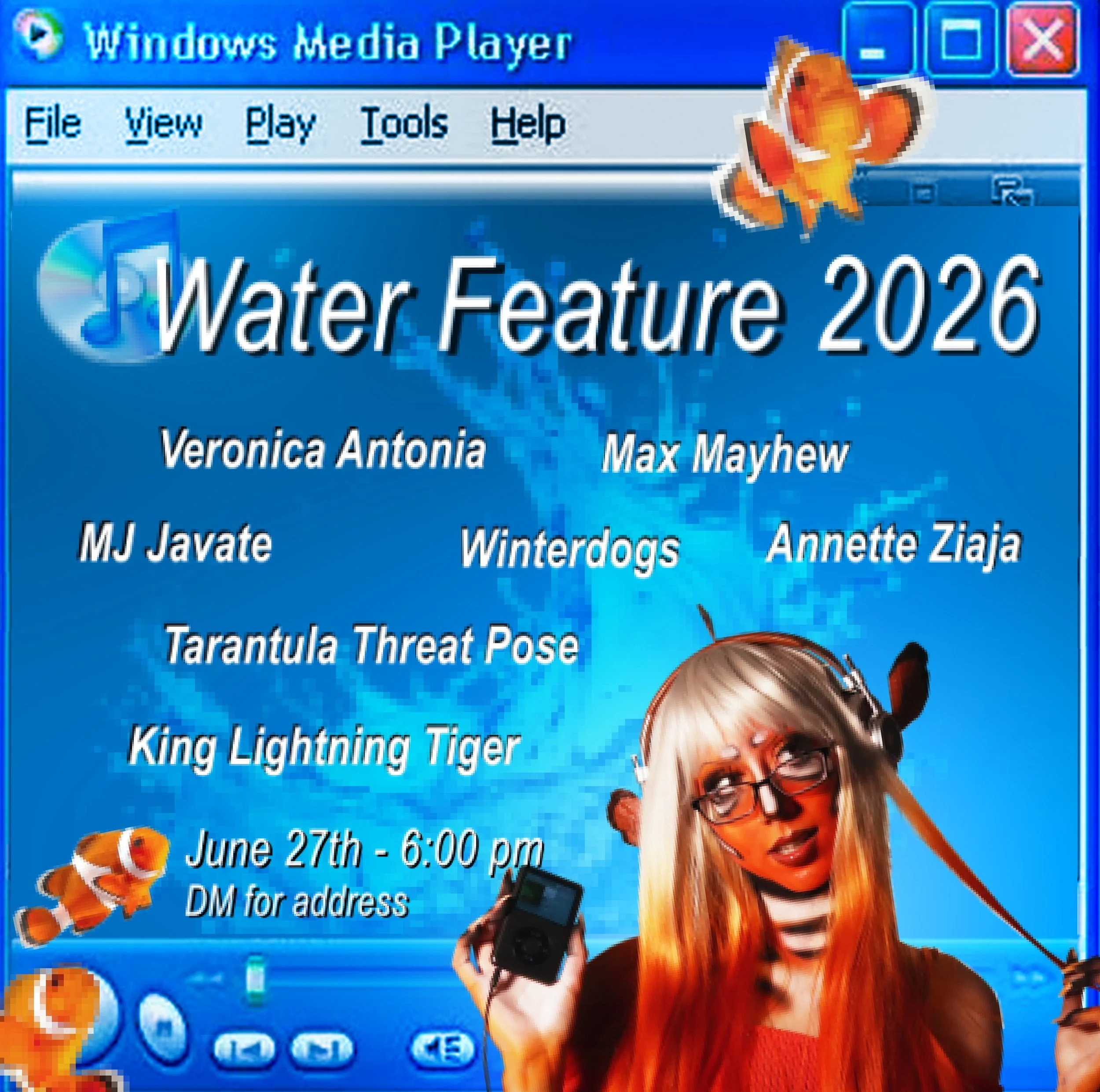 HAIII i procrastinated on accident but here&rsquo;s THE LINEUP FOR WATER FEATURE 2026 ⚓️ !!!!!!!!!!!!!!!!!

⭐️JUNE 27th - DOORS AT 6, MUSIC AT 7:30 YAYYYYYYYY
⭐️DM FOR ADDRESS

🪸LINEUP🪸- 
@diasomniaknight 
@maxmayhewmusic 
@problemtrinity 
@mj_java