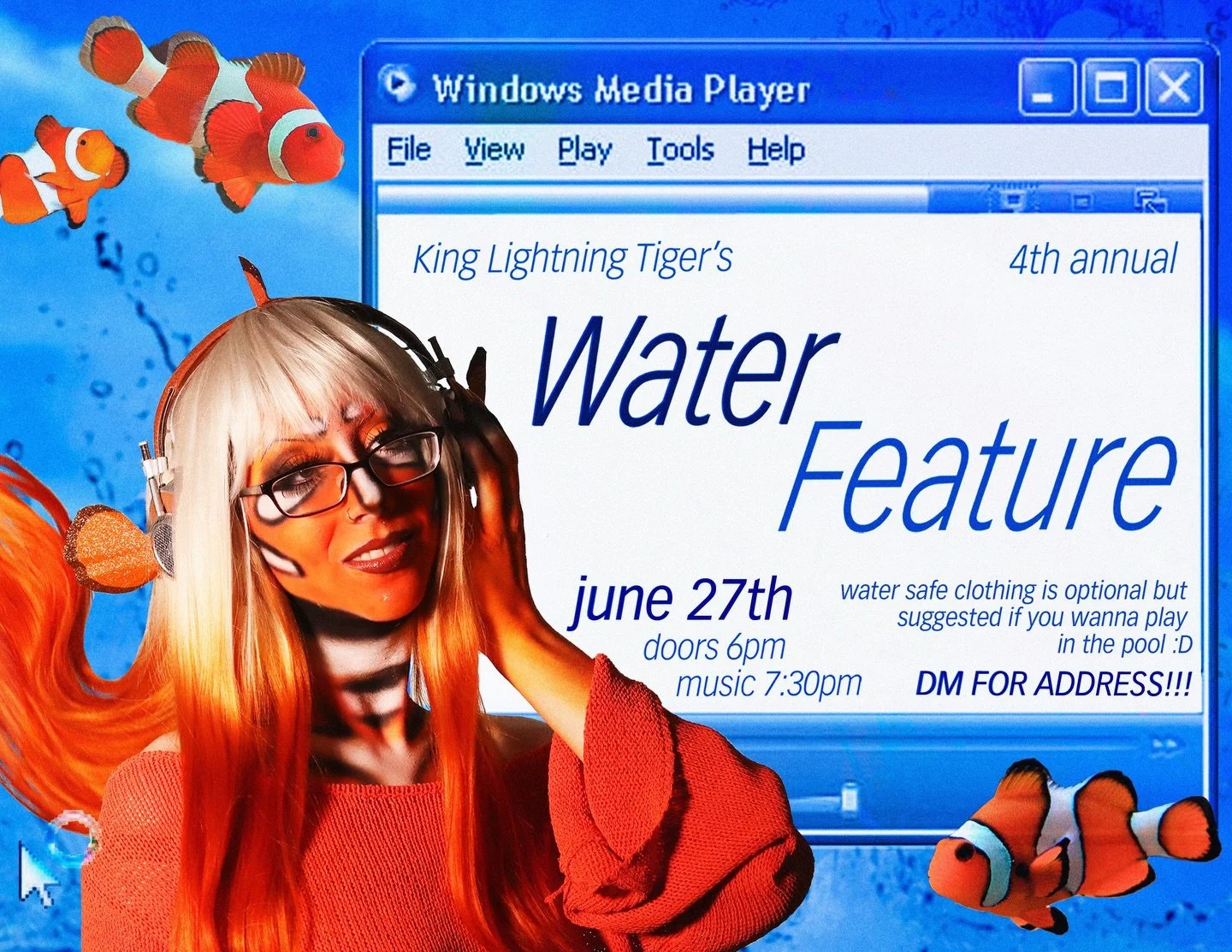 YAYYY FOURTH ANNUAL WATER FEATURE JUST DROPPED AND ITS FRUTIGER AQUA!!!!!!! 🪼🏝️🐬💿🐡🐚 (i am dressed as a gyaru clownfish girl!!!!)

⭐️JUNE 27th - DOORS AT 6, MUSIC STARTS AT 7:30!!!!!!
✨FOOD &amp; DRINK FREE, DUH! - FREE ENTRY
⭐️DM FOR ADDRESS!!!