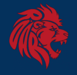 A red lion's head logo on a dark blue background.