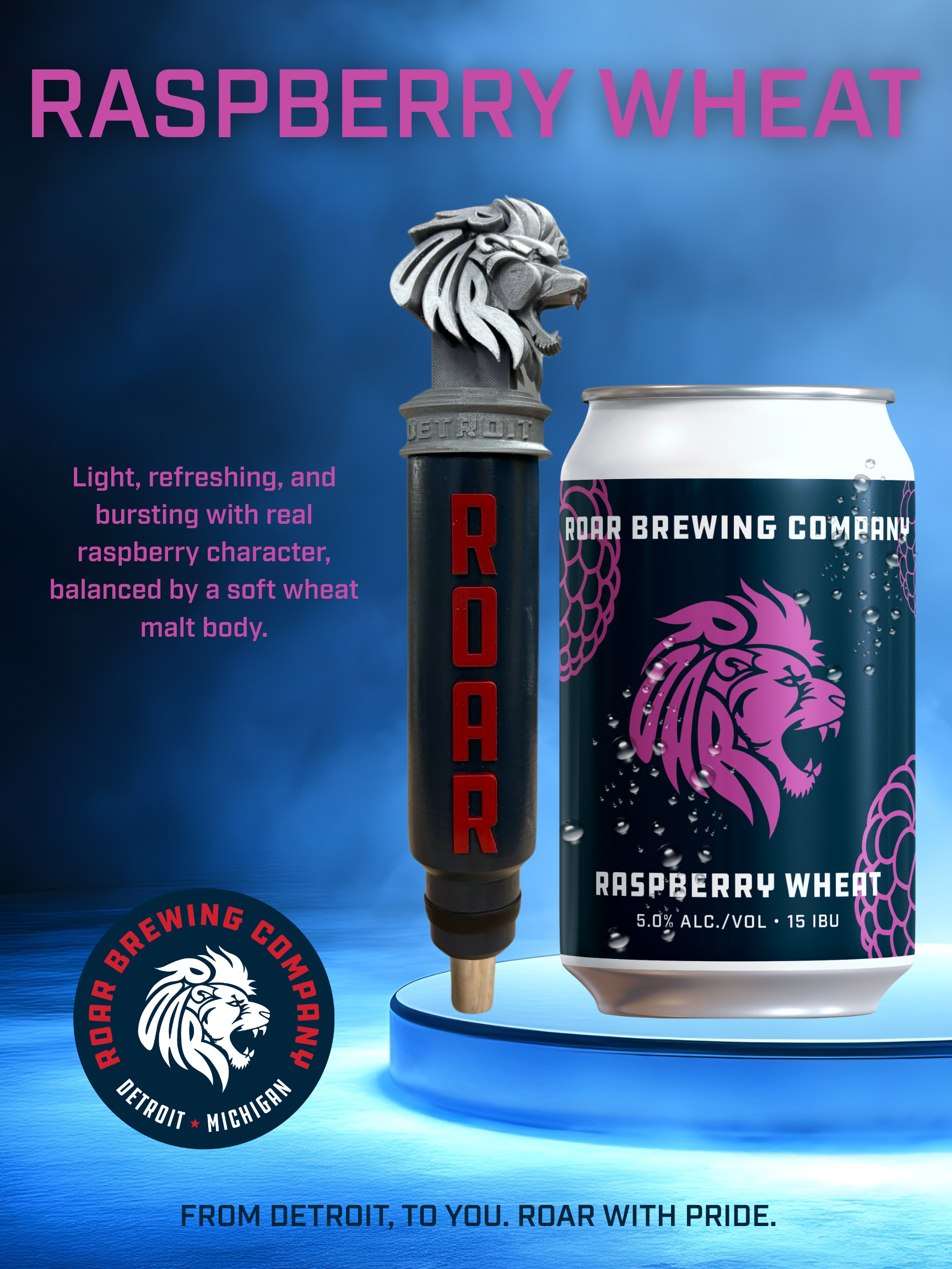 A can of Roar Brewing Company's Raspberry Wheat beer with a graphic of a purple lion's head, a black and purple label, and a black tap handle with a lion sculpture on top, set against a blue background. The text promotes the beer's raspberry flavor and soft wheat malt base, with the Roar Brewing logo and a slogan referencing Detroit.