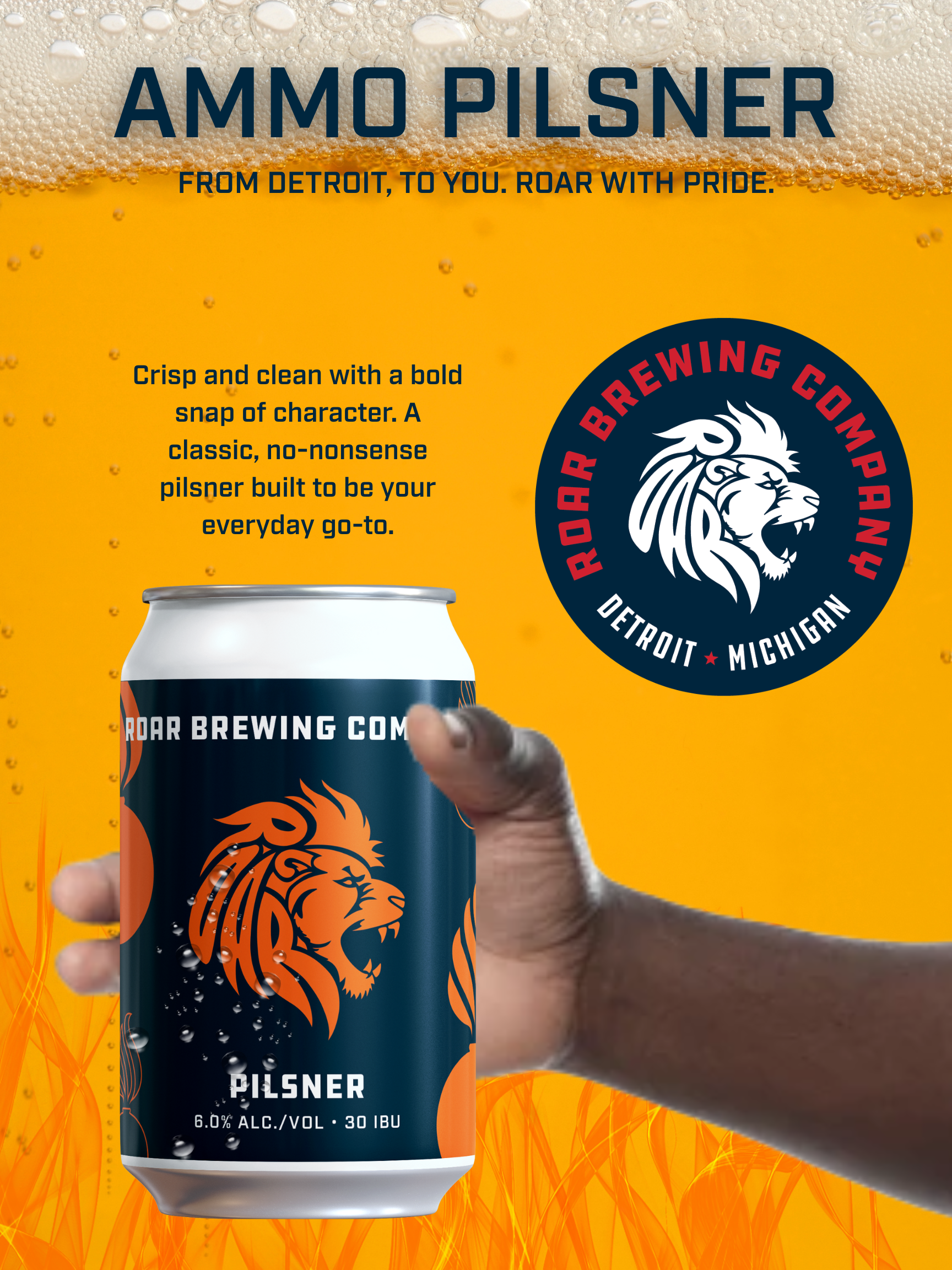 A promotional poster for Roar Brewing Company's pilsner beer featuring a hand holding a can of the beer with a lion logo, a background of orange and yellow beer bubbles, and text describing the beer as crisp and clean with 6% alcohol content.