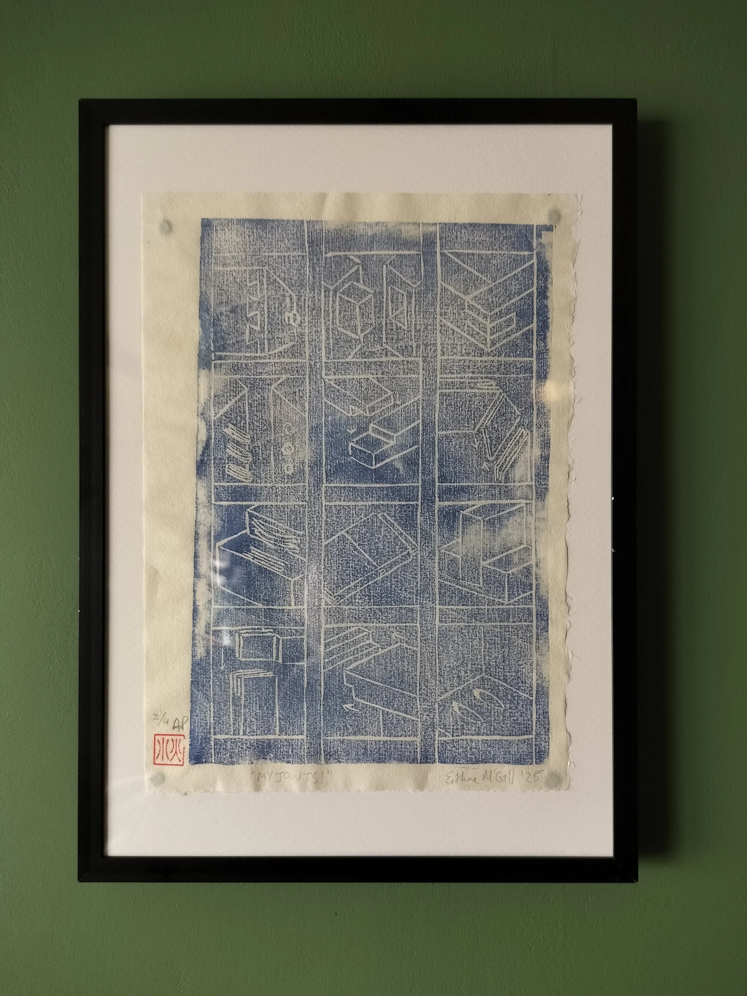 'Ah, My Joints!' 18x24cm. Mokuhanga on Okawa Select Paper. 2/4 AP Edition 2026