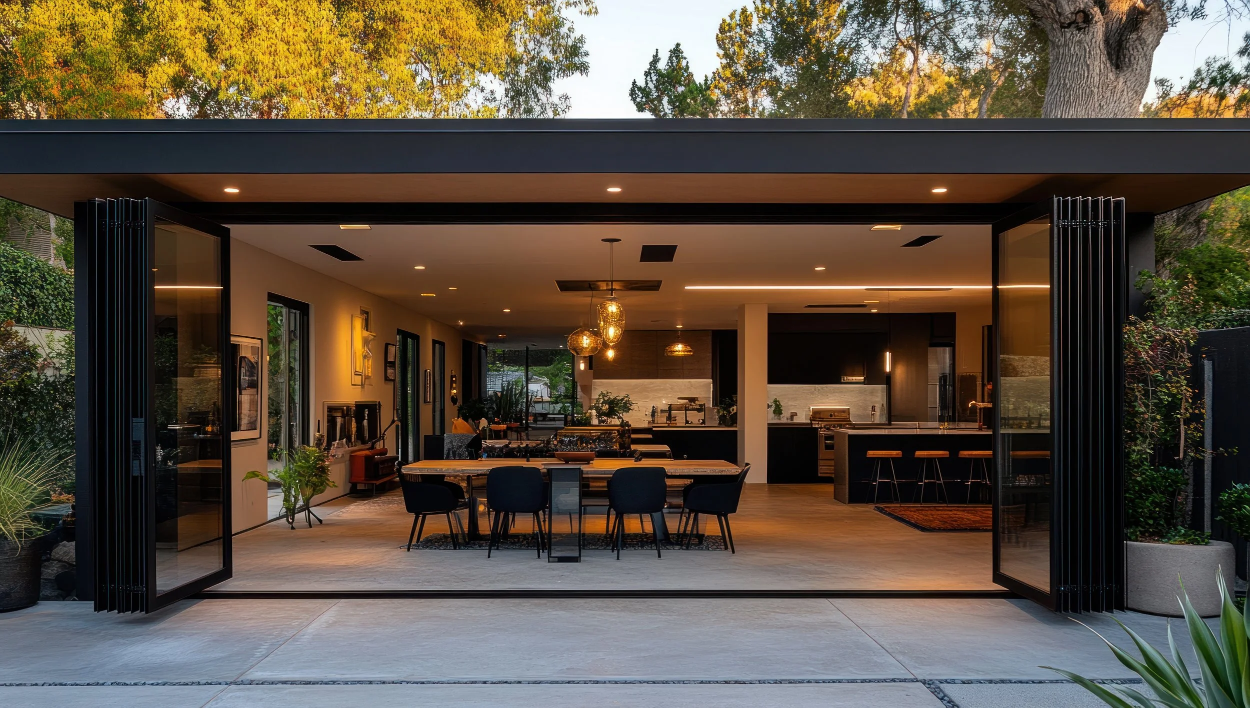 Open living room and kitchen area with modern decor, pendant hanging lights, black chairs around a wooden table, and sliding glass doors leading outside.