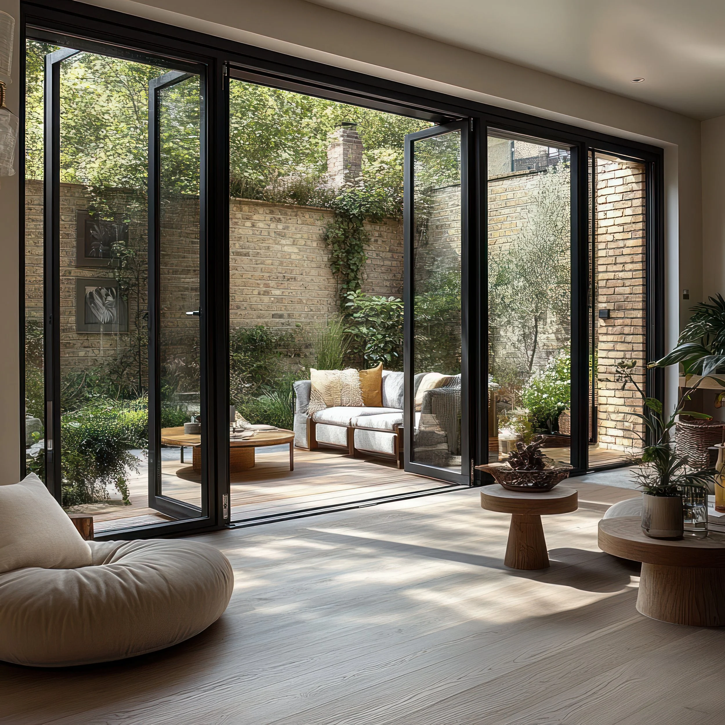 Interior living room with sliding glass doors leading to a small outdoor patio with garden furniture and greenery.