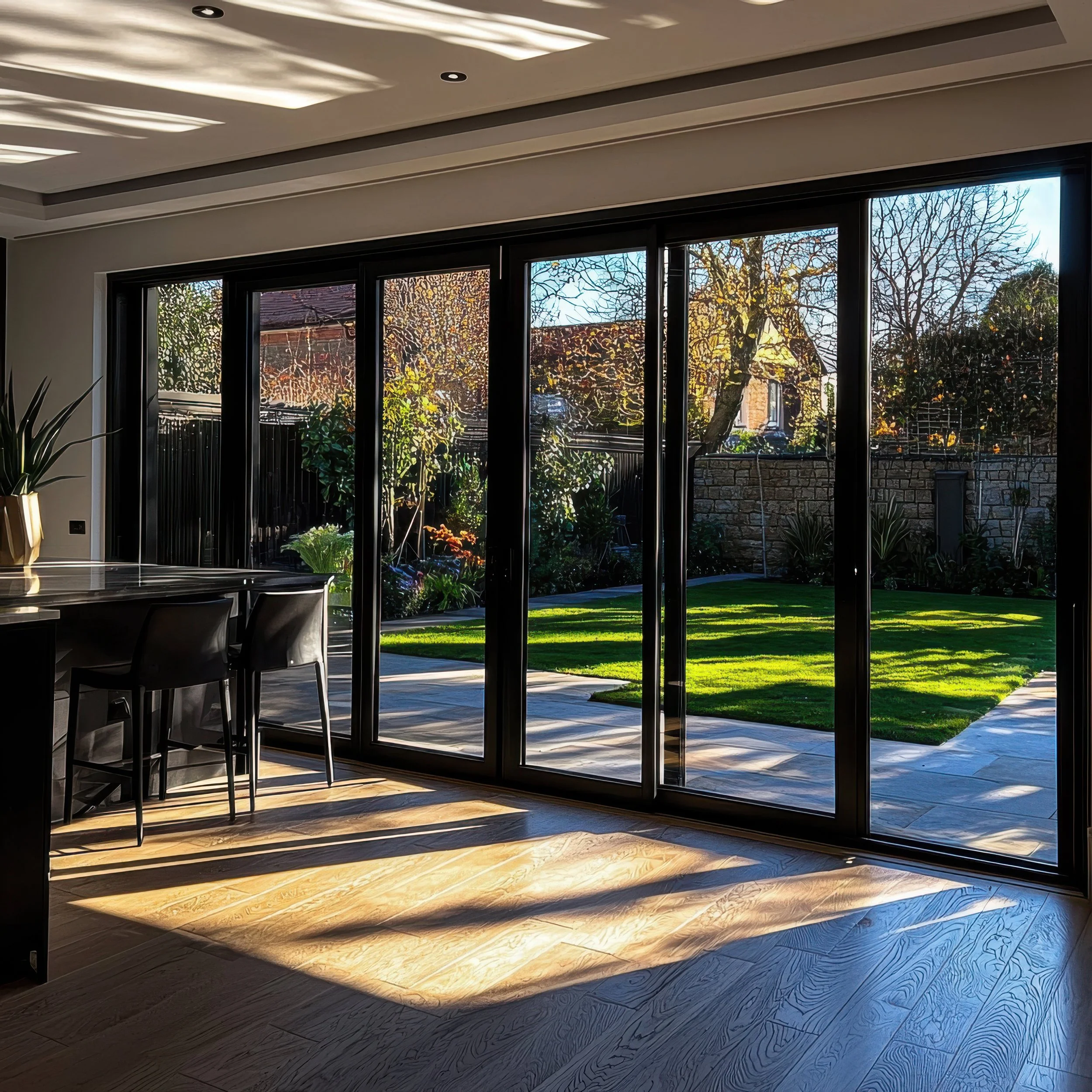 Interior view of a modern room with large glass sliding doors opening to a backyard garden with green grass, trees, and a stone pathway, with sunlight casting shadows on the wooden floor.