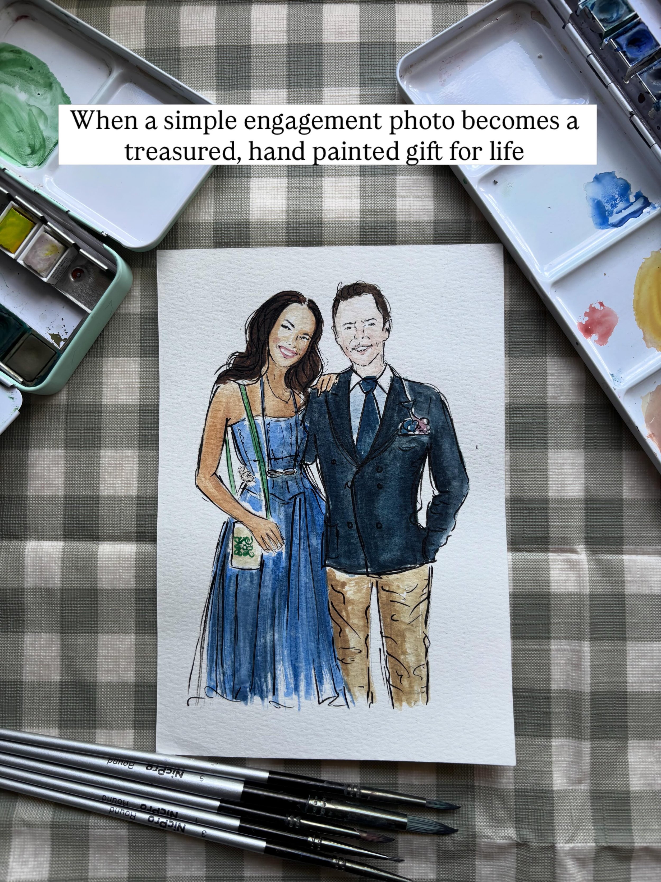 This week brought another commission across my desk, gifted to a newly engaged couple from their dear friend. I was just smiling to myself as I painted this adorable couple and I thought to myself how special it is to have friends who love you enough
