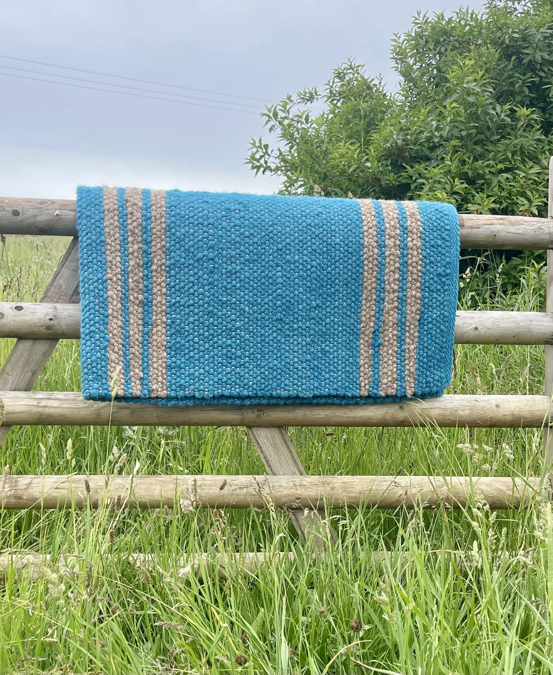 Cowboy Wool Blanket  Pacific Blue / Light Brown Stripes