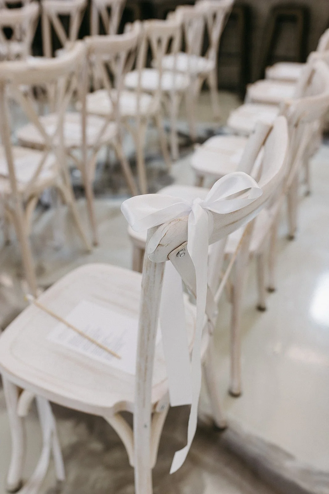 Wedding chairs decorated with white ribbons arranged in rows, prepared for a wedding ceremony.