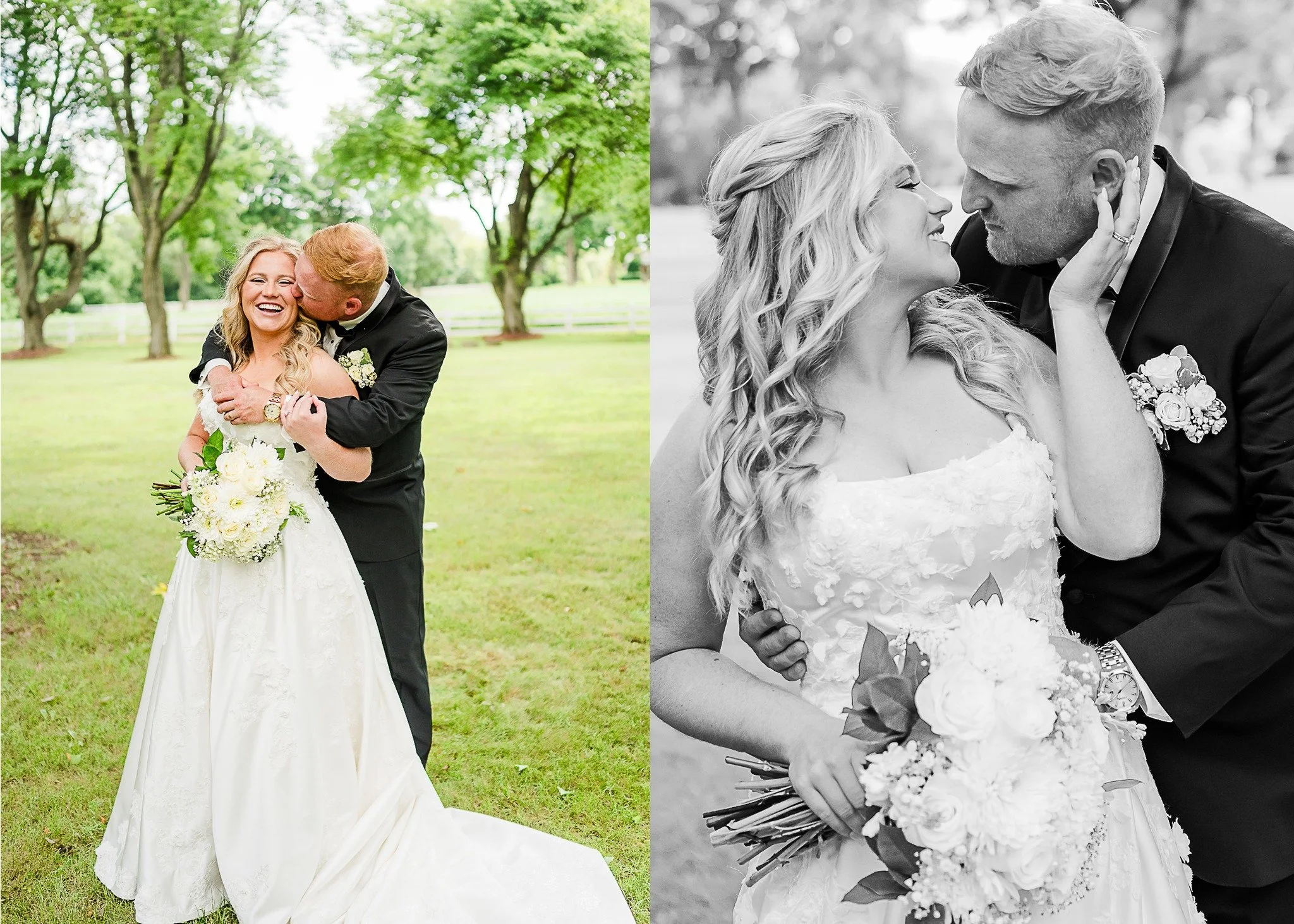 A bride and groom sharing a tender moment outdoors, with the groom kissing the bride on the cheek, both dressed in wedding attire. The bride holds a bouquet of white flowers.