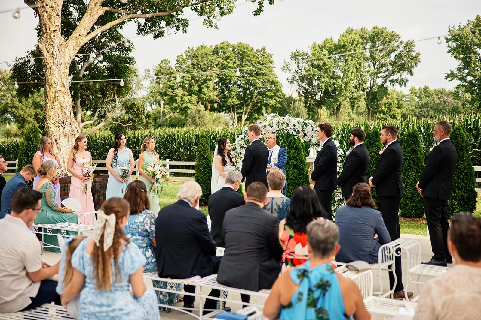 Outdoor wedding ceremony with bride and groom exchanging vows, surrounded by bridesmaids, groomsmen, and seated guests, under string lights, greenery, and trees.