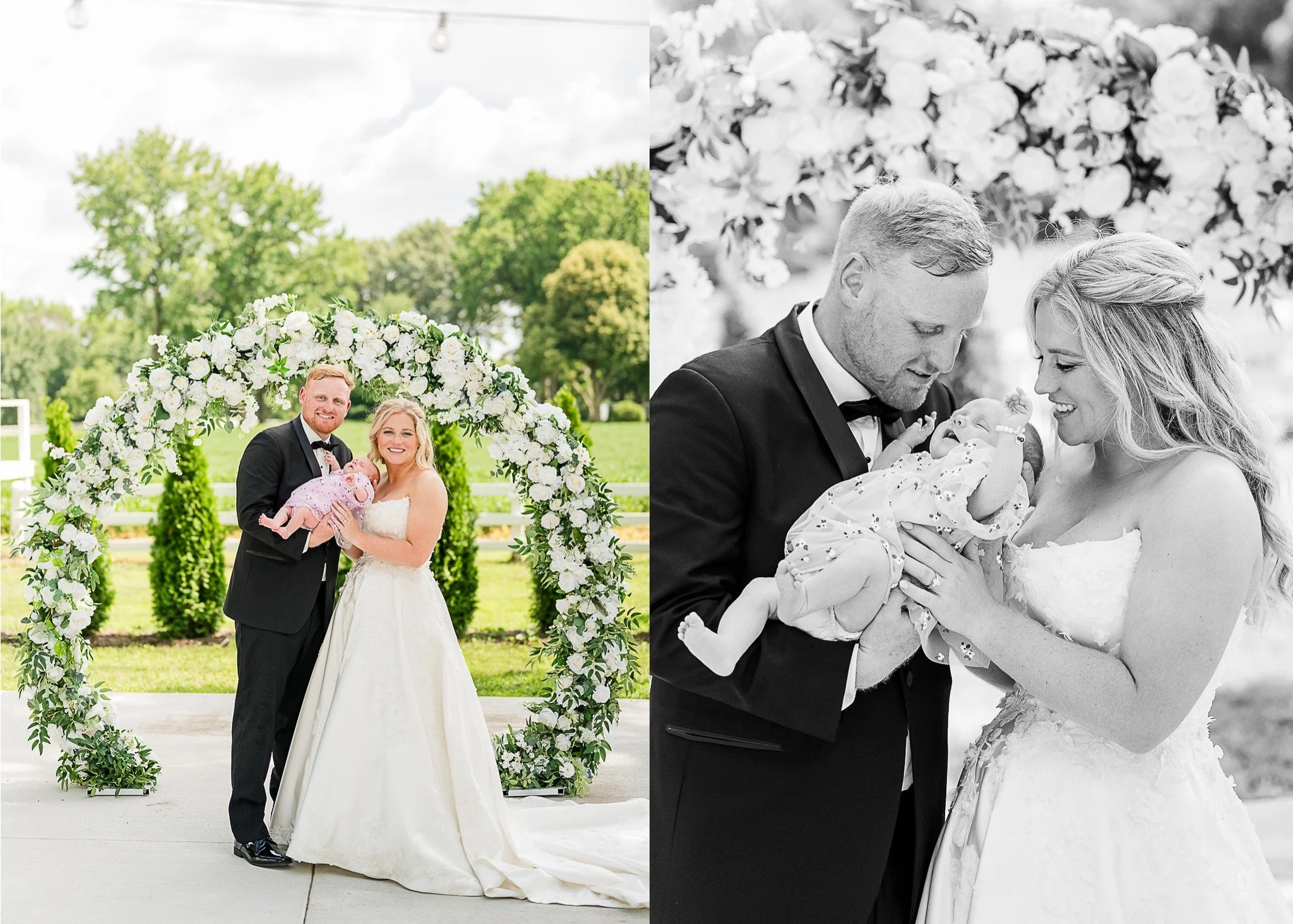 A bride, groom, and baby at a wedding. The left side shows the bride and groom smiling and holding the baby outside under a floral arch. The right side is a black and white close-up of the groom and bride gazing at the baby, who they are holding and