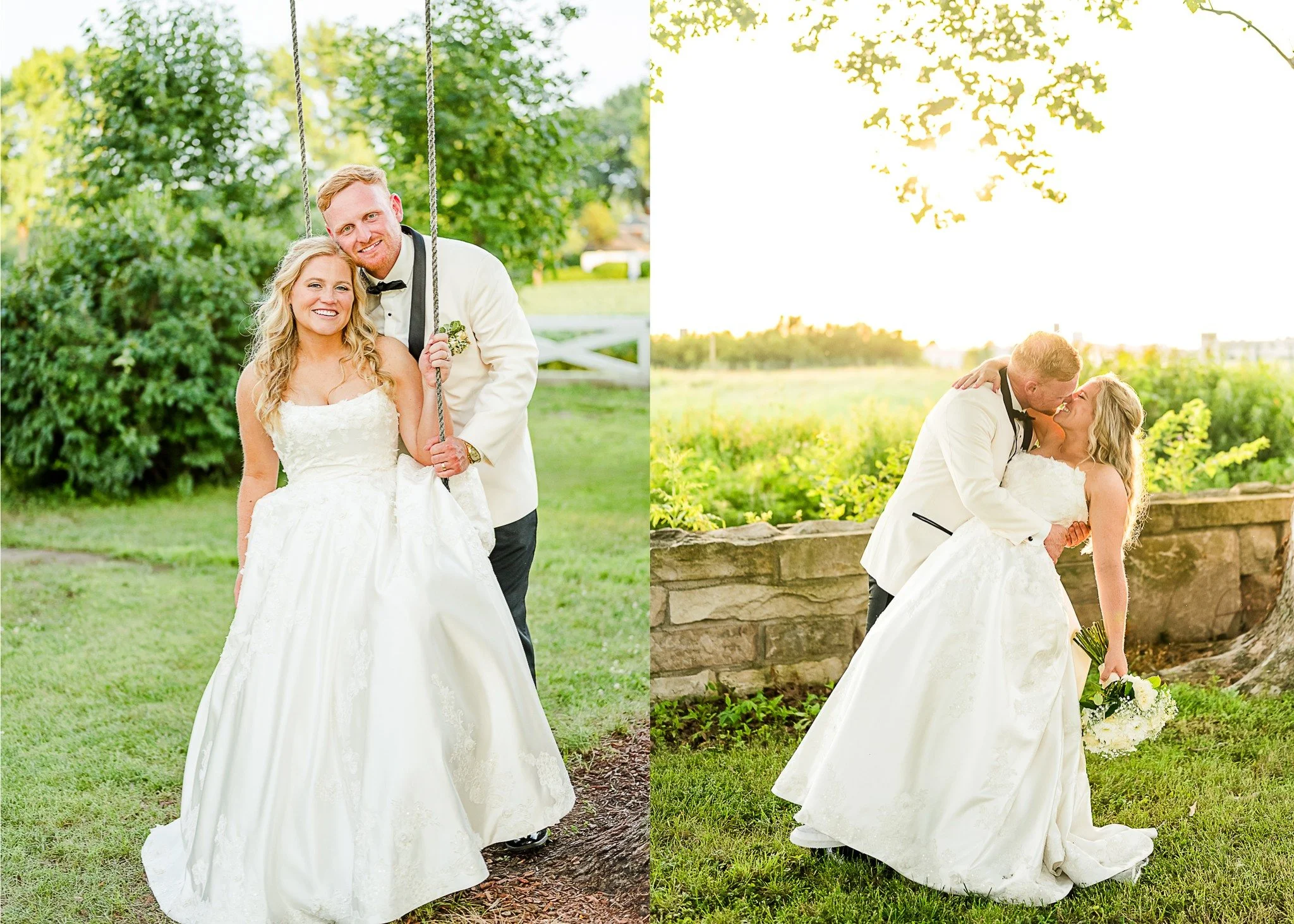 A bride and groom in wedding attire, posing outdoors on a grassy area with trees. The bride is holding a bouquet and the groom is holding a swing set's rope. They are smiling for the camera in the first image, and kissing in the second image, with a