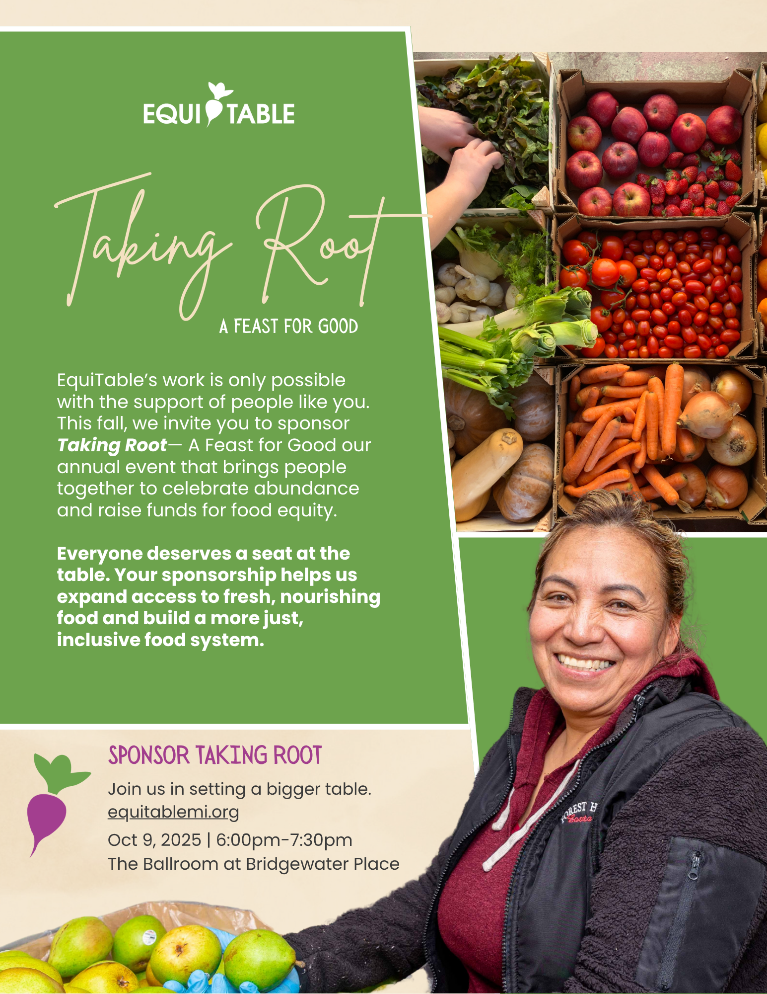 A green background with friendly volunteer smiling with a basket of fruit. The text reads: EquiTable Taking Root: A Feast for Good Sponsorship Packet