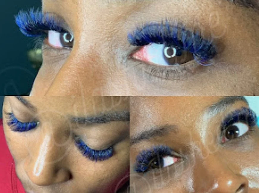 Close-up of four diverse women wearing bold, bright blue false eyelashes in different angles.