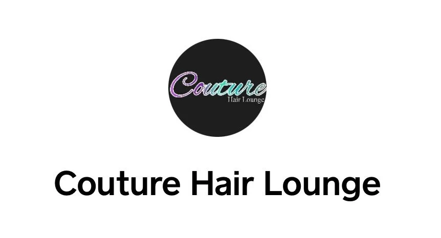 Logo for Couture Hair Lounge with black circle and colorful script text