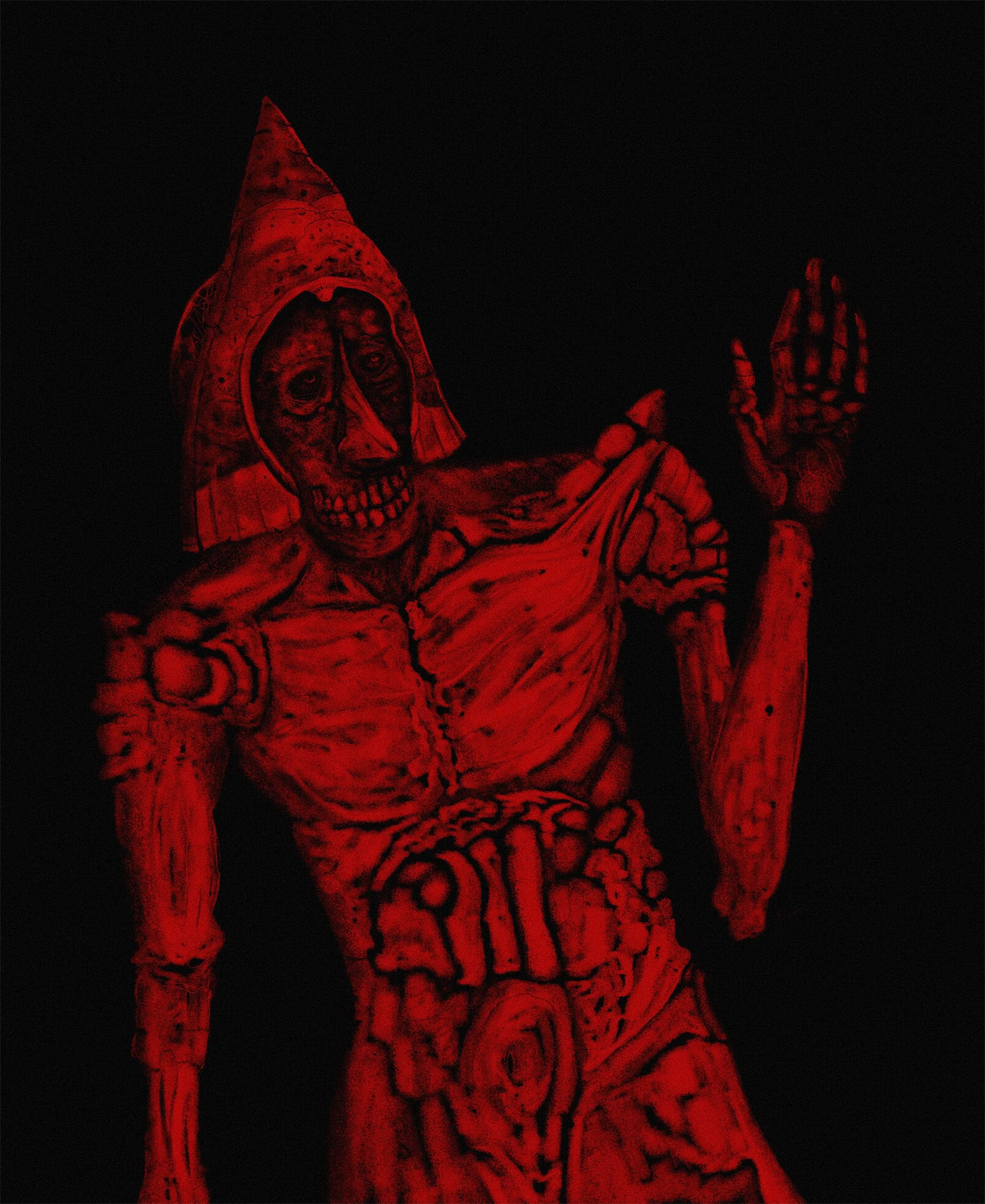 This is red (digital) pencil on black illustration of Renn, an undead merchant featured in the upcoming Eye of the Blood Witch game from Dungeon Divers United.
