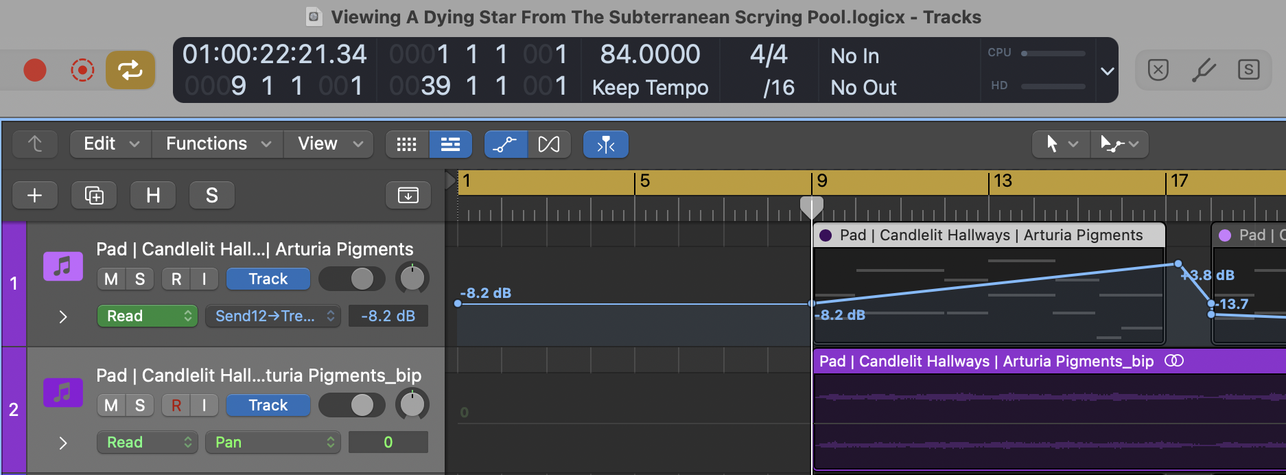 Logic Pro session screenshot from the song Viewing A Dying Star From The Subterranean Scrying Pool.