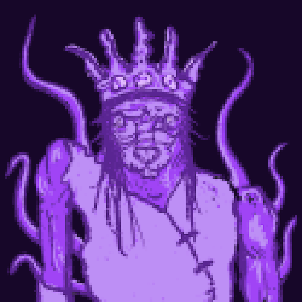 Image of a monster called the Cathedral Queen. Purple with canine features and tentacles.