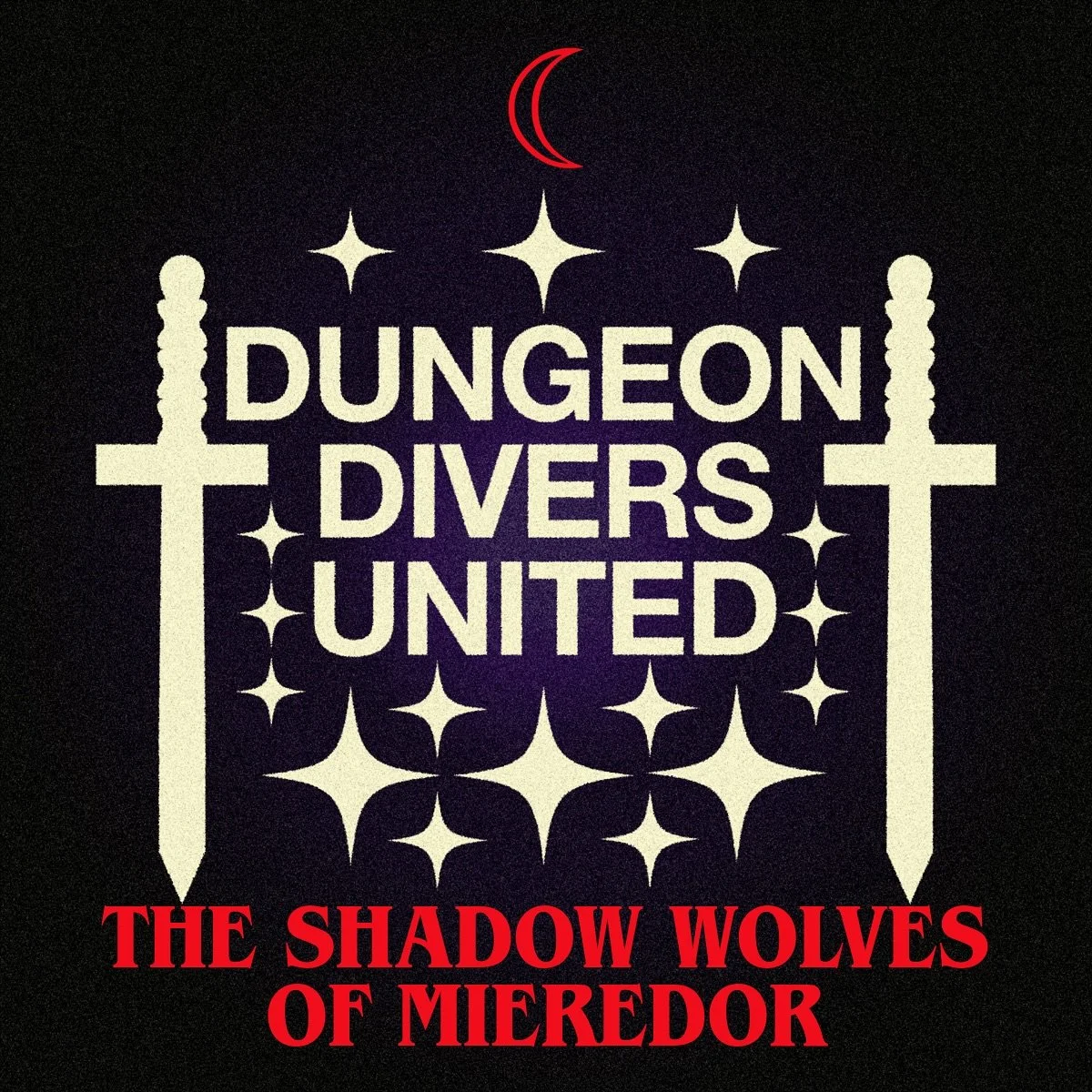 Cover art for an adventure hook titled The Shadow Wolves of Mieredor. It has a moon, the Dungeon Divers United logo, and the title written on it.
