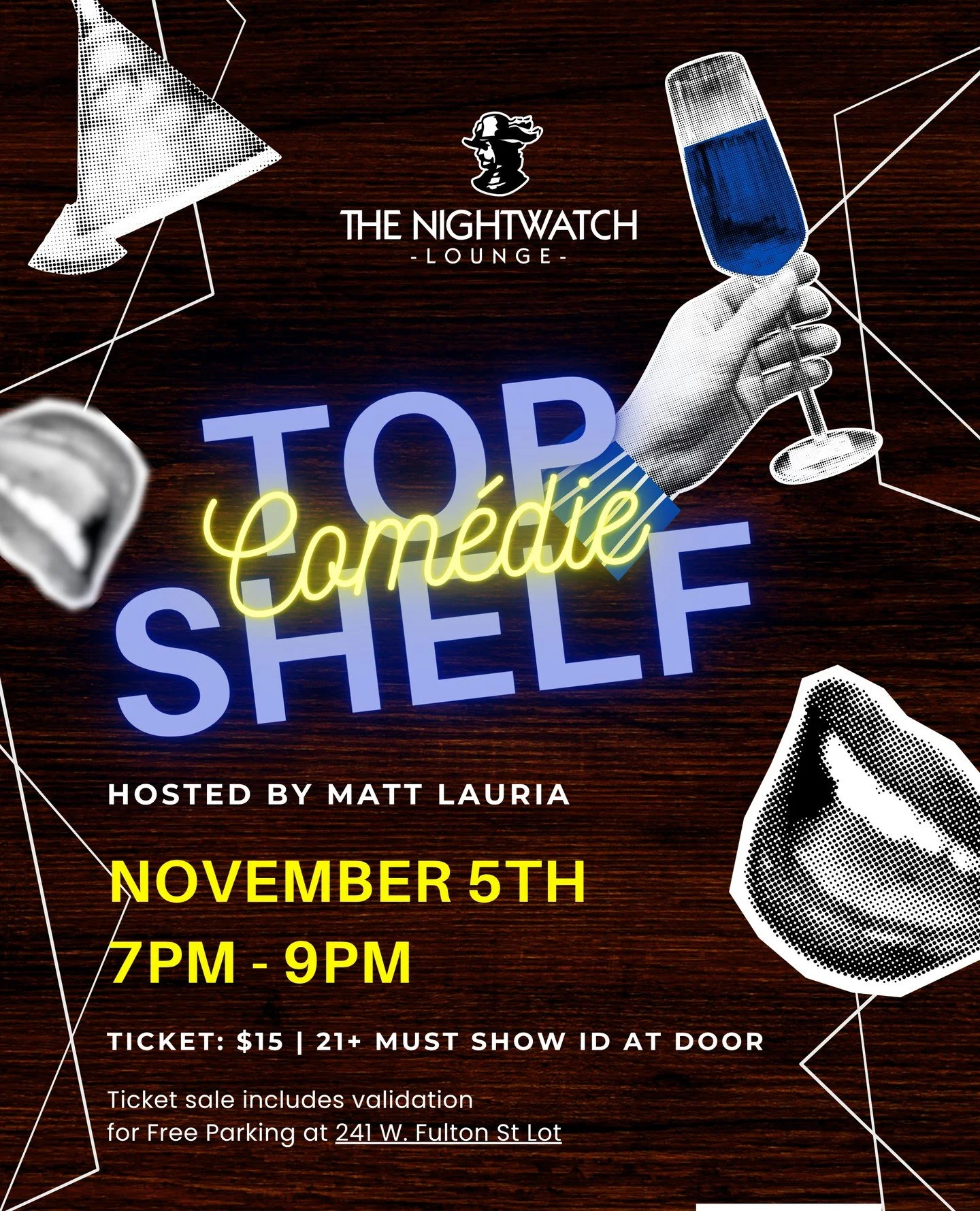 Good news! Top Shelf Com&eacute;die at The Nightwatch Lounge has been rescheduled for Wednesday, November 5th.⁠
⁠
Join us for a night of great laughs and good company&mdash;now with tickets only $15.⁠
⁠
Link in bio!⁠
⁠
We can&rsquo;t wait to see you 