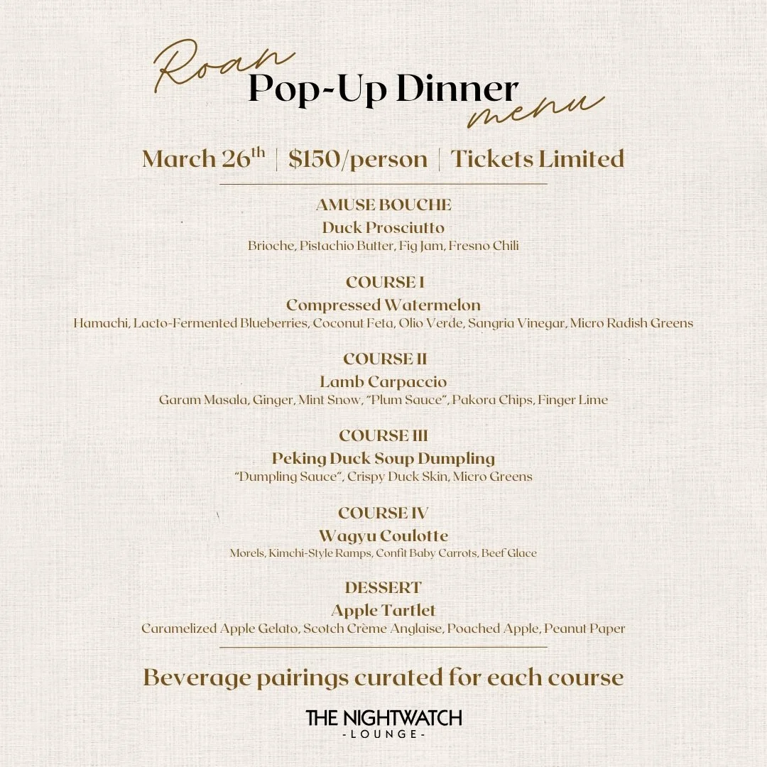 We invite you to join us for our inaugural dinner experience! We are welcoming @roanexperience.gr in for a night of big flavors and an exceptional cocktail pairing menu by our house Mixologist, Rob Hanks! 

Tickets are $150 per guest for five courses
