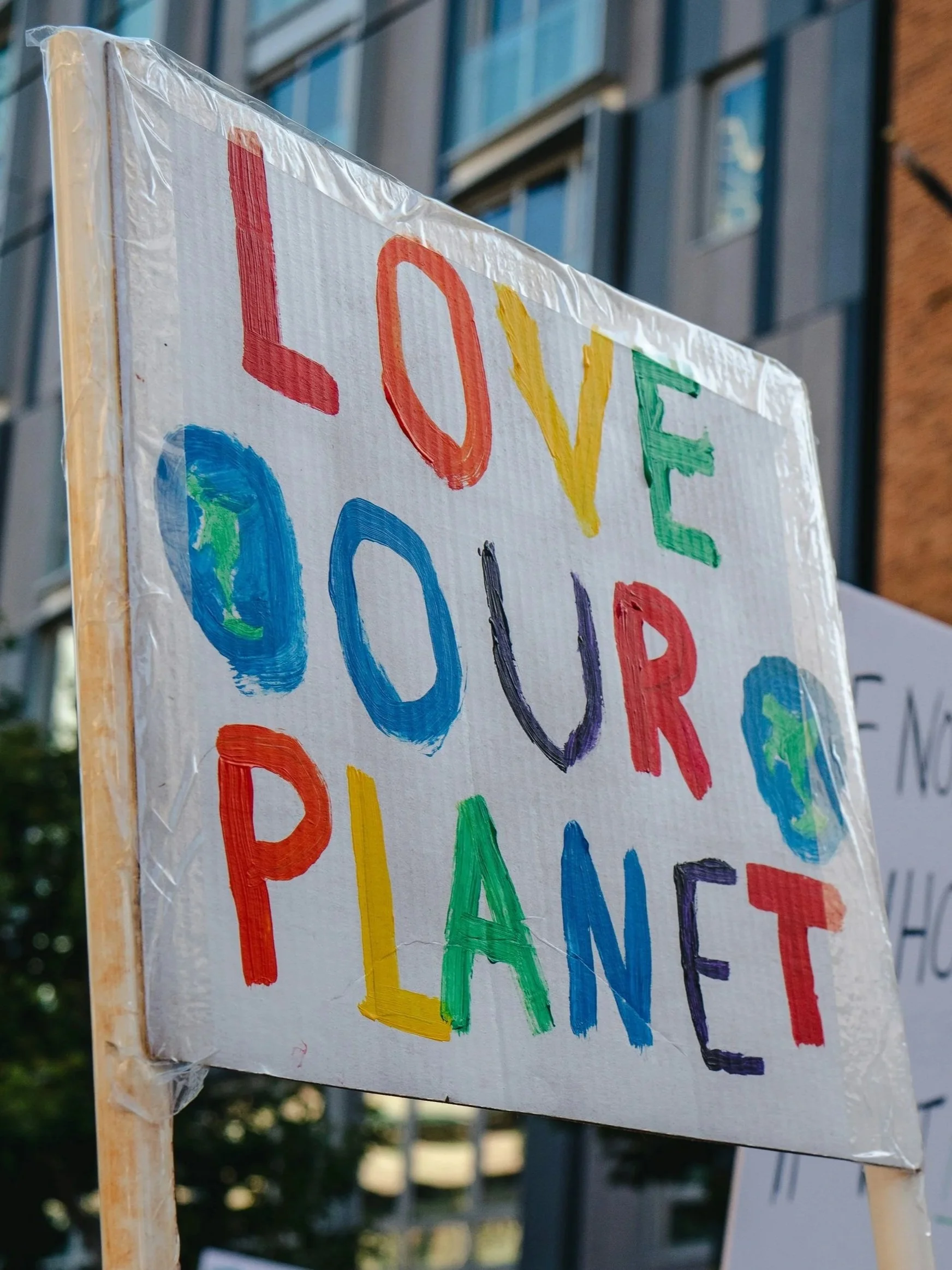 Homemade painted sign in primary colors that says save our planet