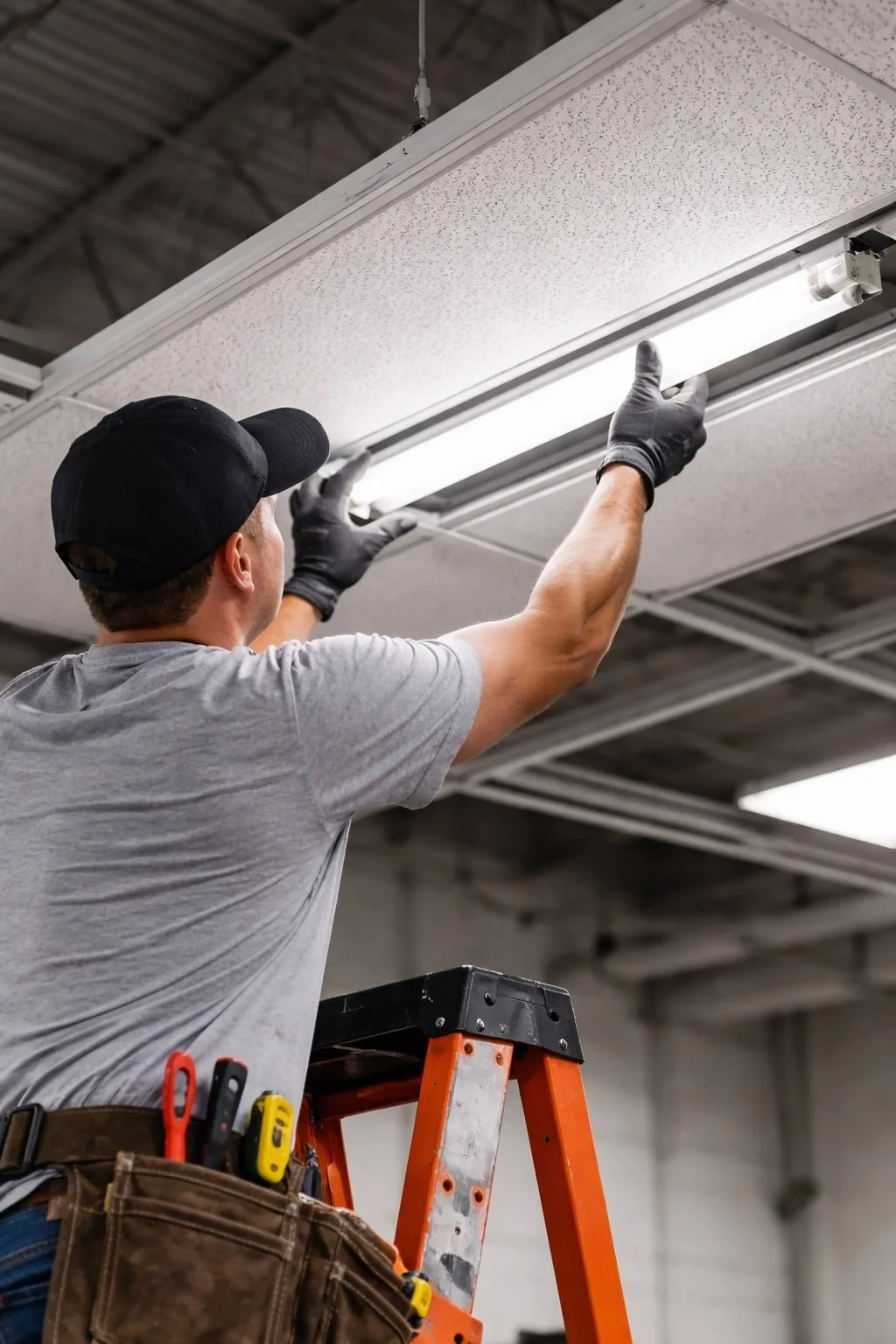 A man wearing a gray shirt, black cap, and black gloves is standing on an orange ladder, installing or adjusting a fluorescent light fixture suspended from the ceiling of an industrial or commercial space.