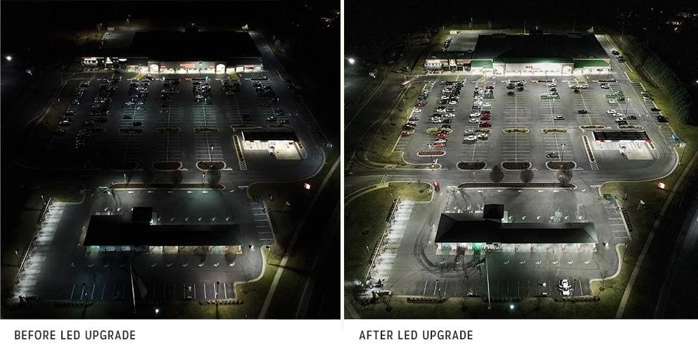 Comparison of a parking lot at night before and after LED upgrade, showing brighter lighting and improved visibility in the after image.