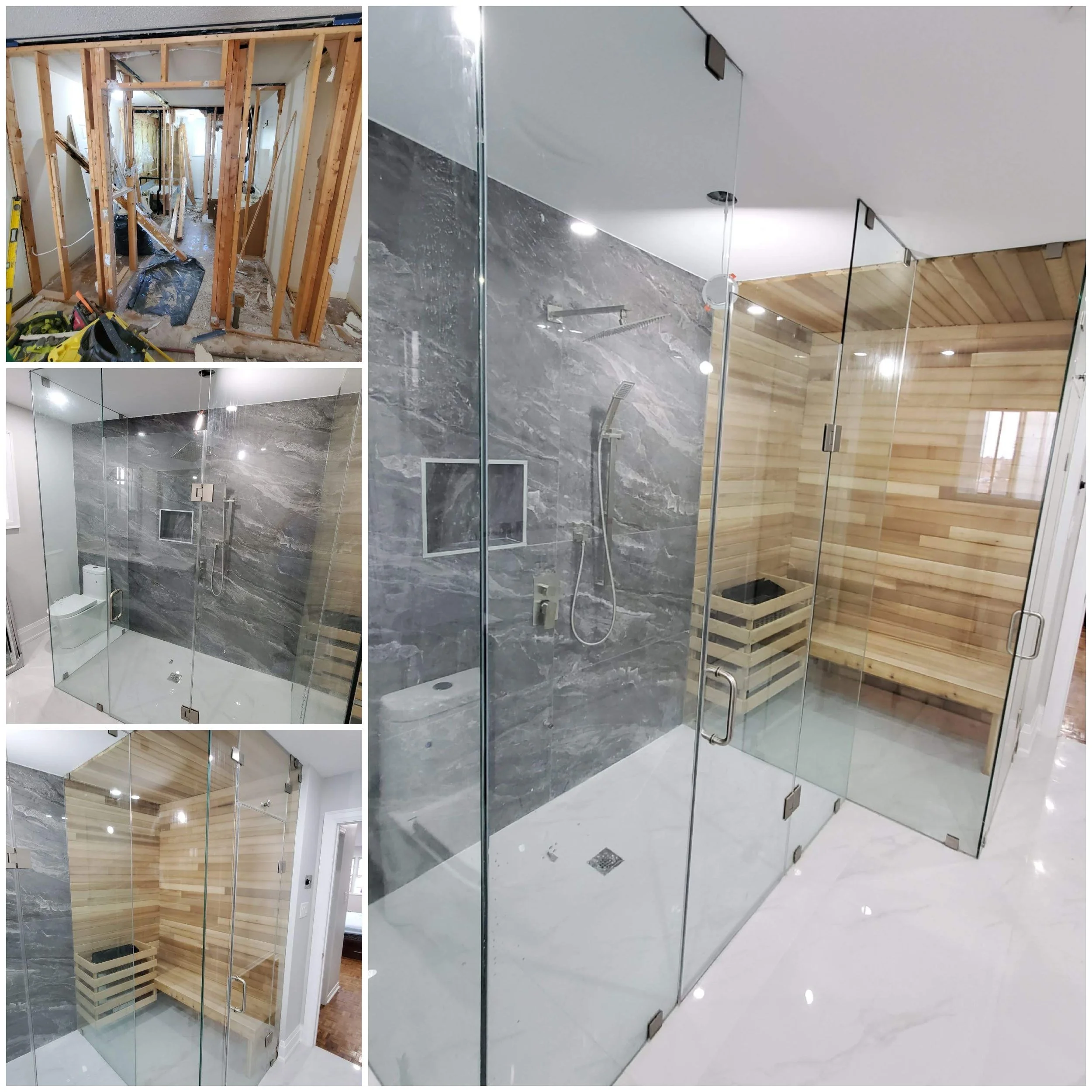Renovated bathroom with glass-walled shower and sauna