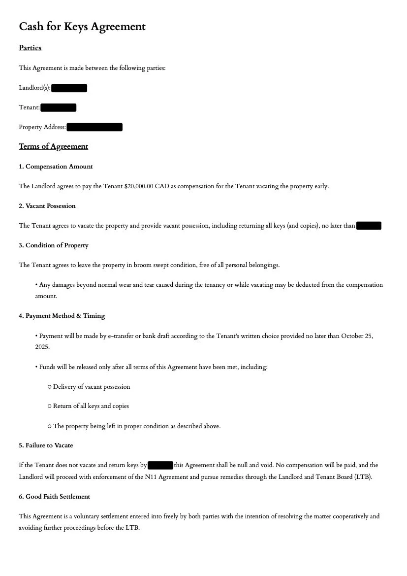 Cash for keys agreement with an Ontario tenant, $20,000 compensation. The Preserve Guide, Essam Nadeem