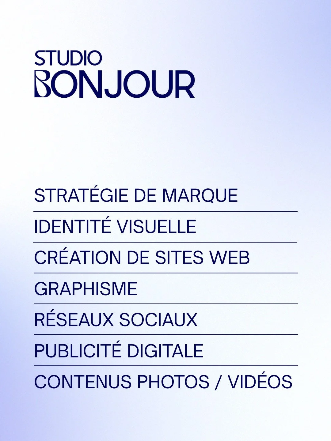 Chez Studio Bonjour,
Nous nous occupons de votre Identit&eacute; &middot; Communication &middot; Site Web &middot; Direction artistique &middot; Strat&eacute;gie Marketing

📩 Contact &amp; collaborations

#StudioBonjour #StudioCr&eacute;atif #BrandD