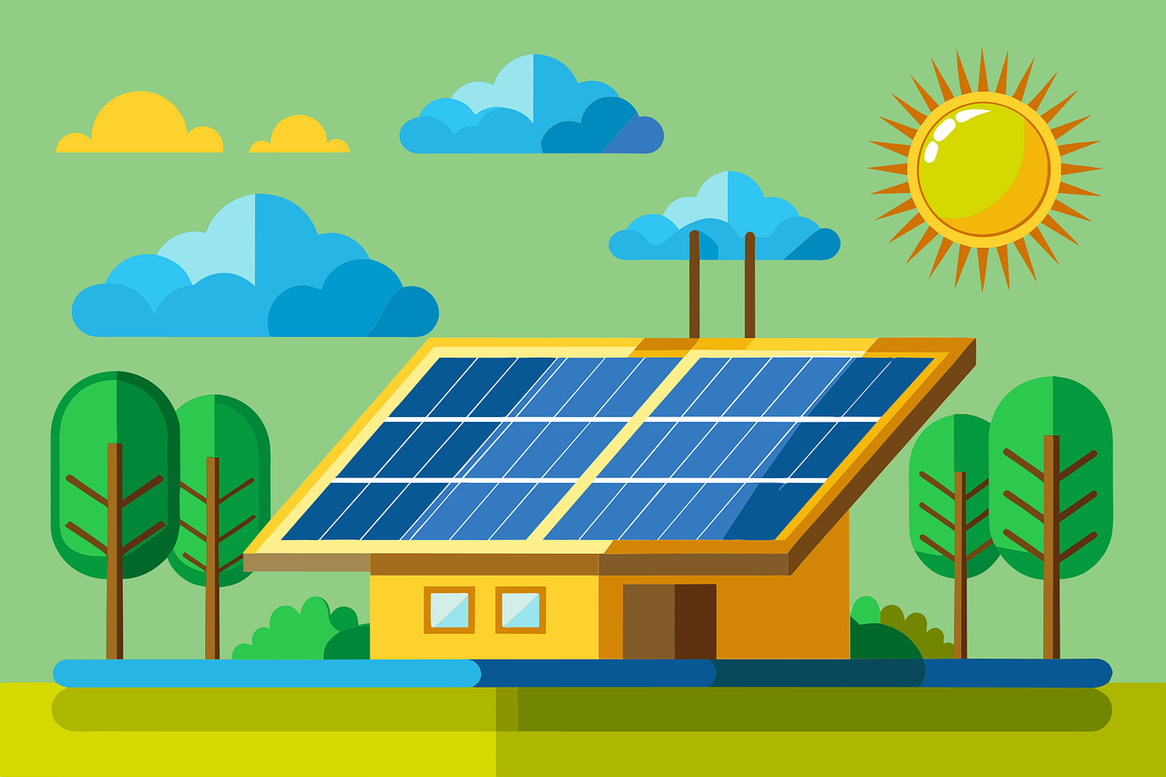 Illustration of a house with solar panels under a bright sun, surrounded by trees and clouds.
