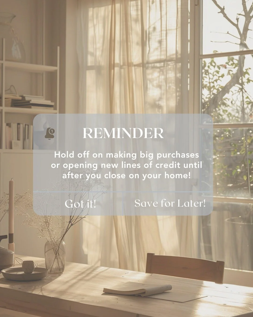 Thinking about buying new furniture or upgrading your car before closing? Hold off just a little longer!

Big purchases or new credit lines can affect your loan approval and delay your closing. Stay patient, those shopping sprees will feel so much sw