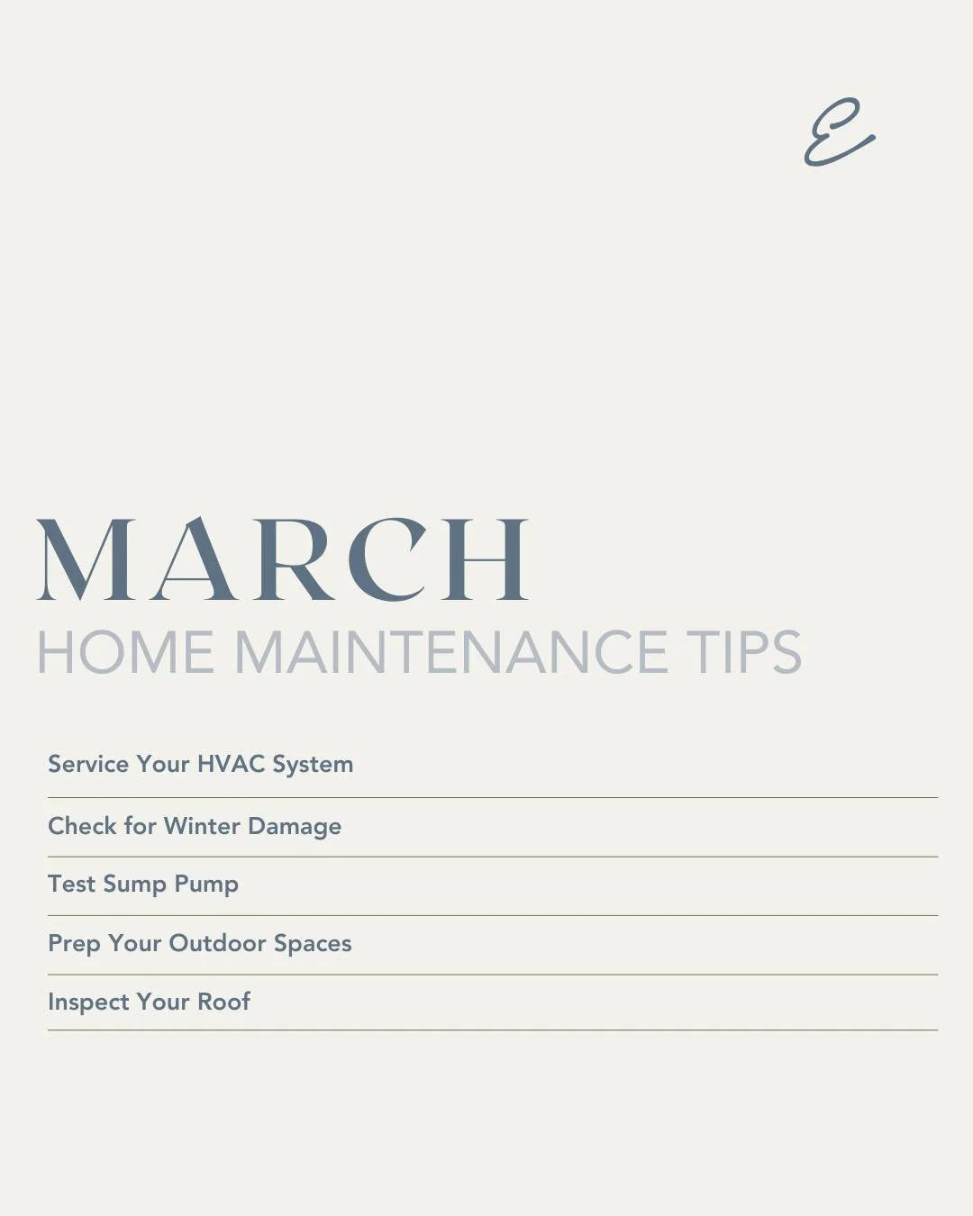 Spring is almost here! 🌷

Take a little time this March to check your home. Inspect your roof, prep your lawn, service your HVAC, and tackle those small repairs before they turn into big problems. A little maintenance now = peace of mind all season 