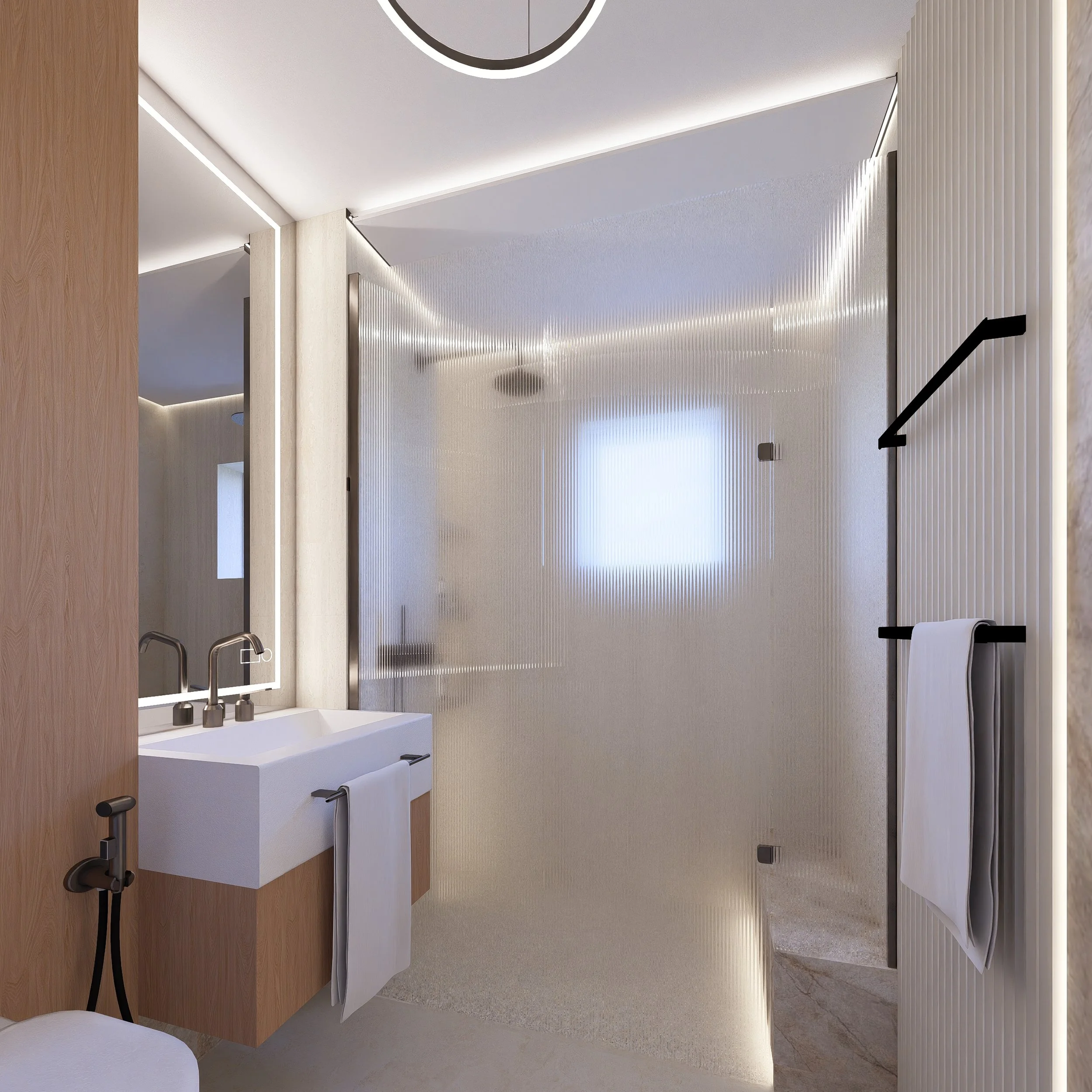 Baie cu duș walk-in din sticlă striată și iluminare perimetrală